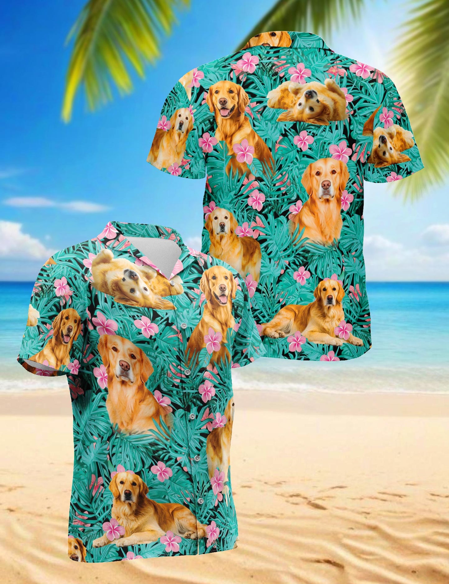 Netecom Golden Retriever Hawaiian Shirt for Men, Tropical Style, Button Down Summer Beach Short Sleeve, S-5XL