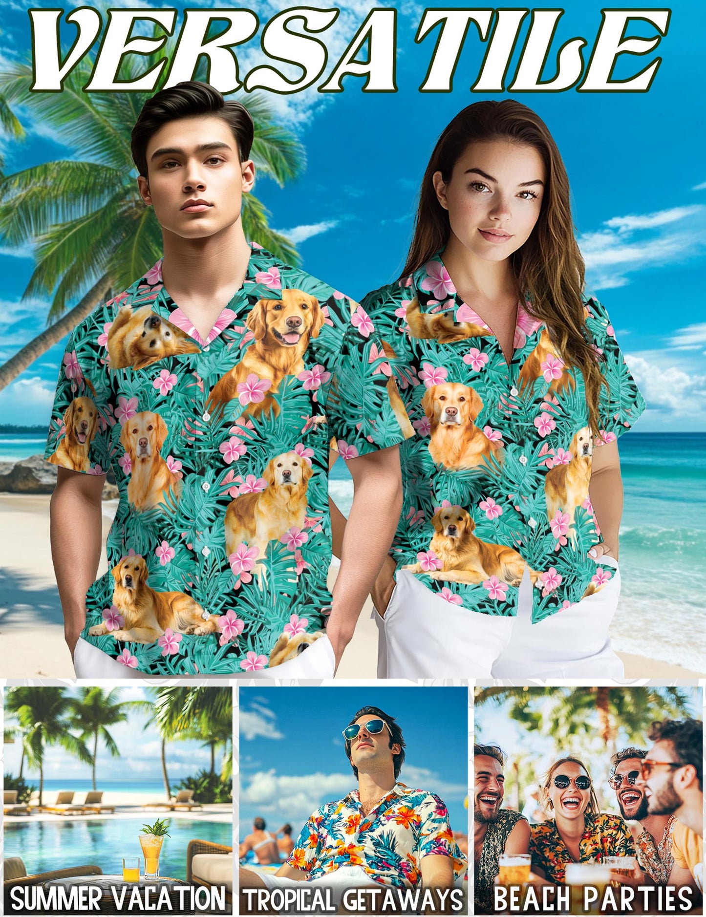 Netecom Golden Retriever Hawaiian Shirt for Men, Tropical Style, Button Down Summer Beach Short Sleeve, S-5XL