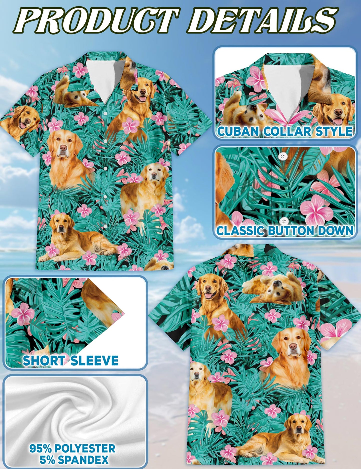 Netecom Golden Retriever Hawaiian Shirt for Men, Tropical Style, Button Down Summer Beach Short Sleeve, S-5XL