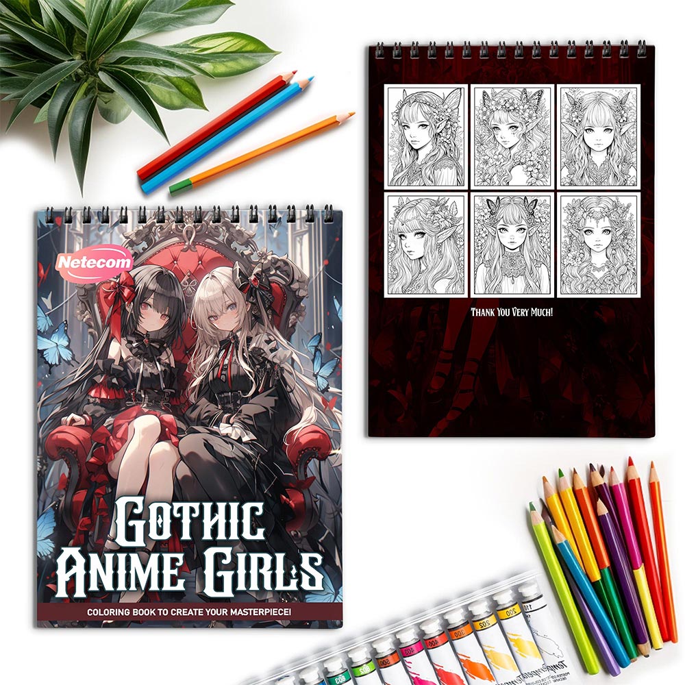 Netecom Gothic Anime Girls Spiral Coloring Book for Adults