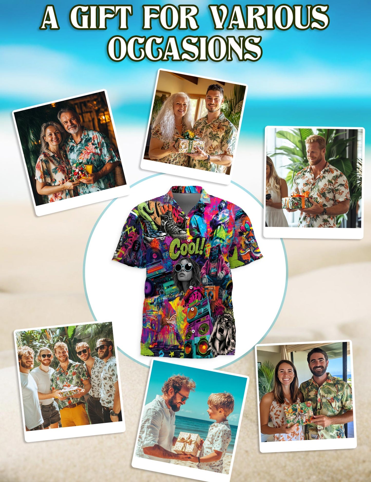 Netecom Graffiti Music Hawaiian Shirt for Men, Street Art Style, Button Down Summer Beach Short Sleeve, S-5XL