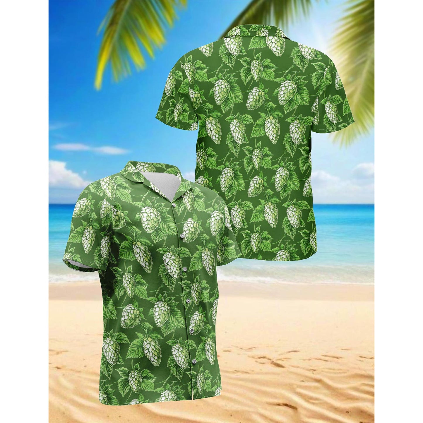 Netecom Green Hops Hawaiian Shirt for Men, Button Down Summer Beach Short Sleeve, Tropical Style, Sizes S-5XL