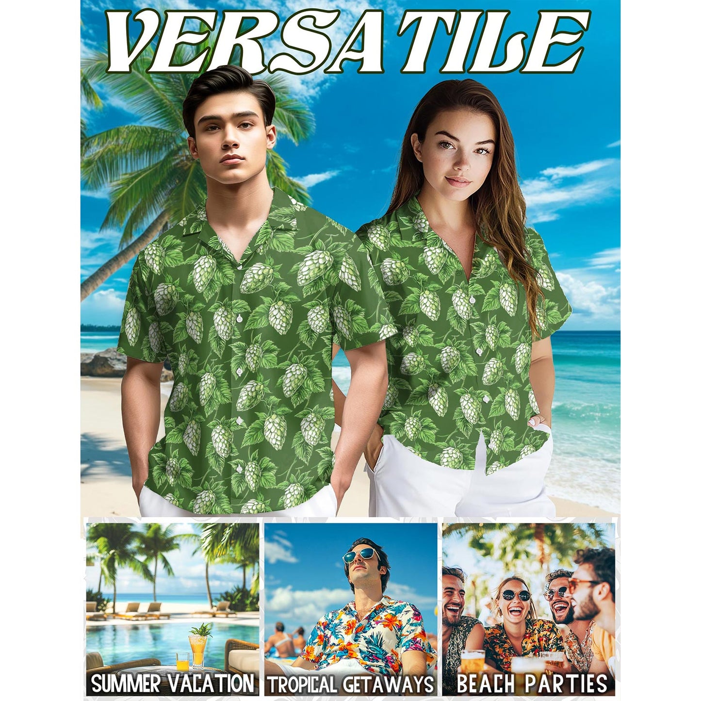 Netecom Green Hops Hawaiian Shirt for Men, Button Down Summer Beach Short Sleeve, Tropical Style, Sizes S-5XL