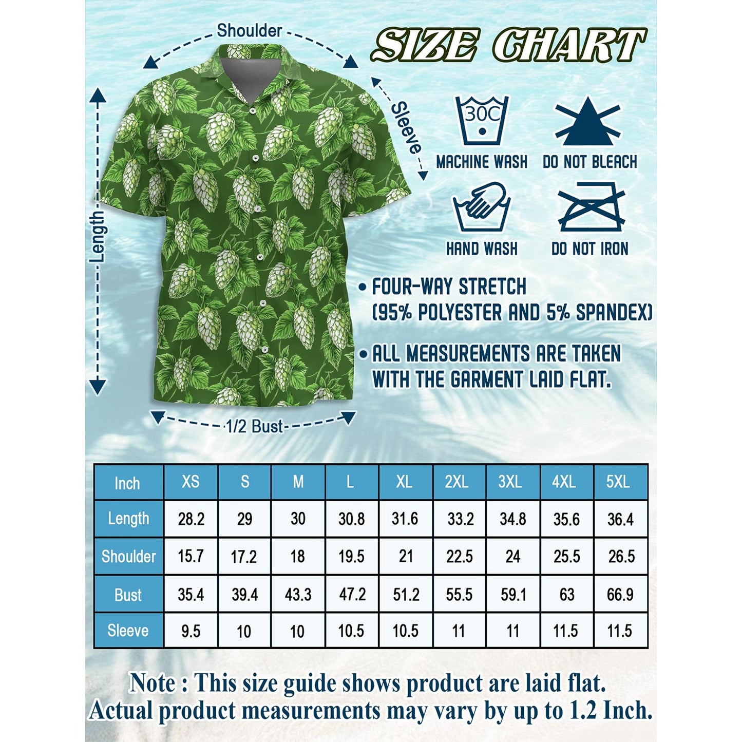 Netecom Green Hops Hawaiian Shirt for Men, Button Down Summer Beach Short Sleeve, Tropical Style, Sizes S-5XL