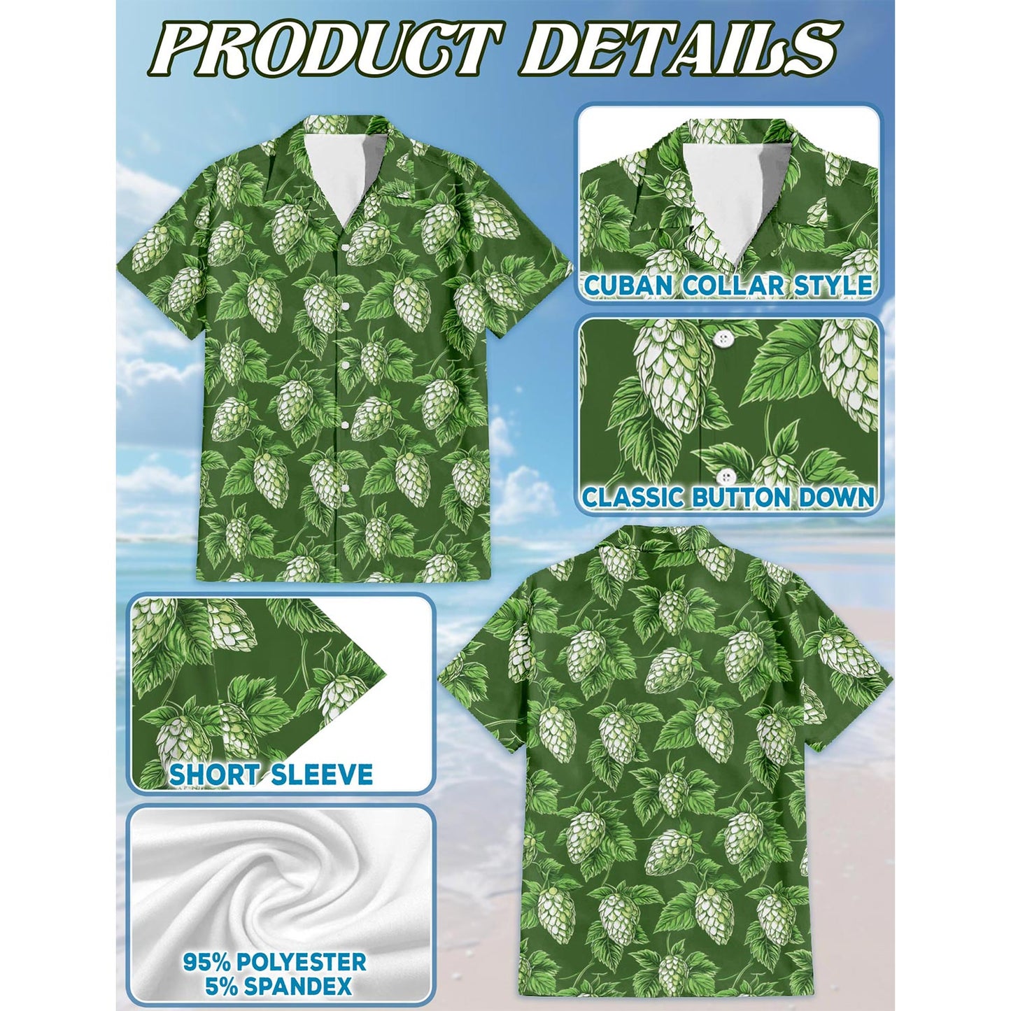 Netecom Green Hops Hawaiian Shirt for Men, Button Down Summer Beach Short Sleeve, Tropical Style, Sizes S-5XL