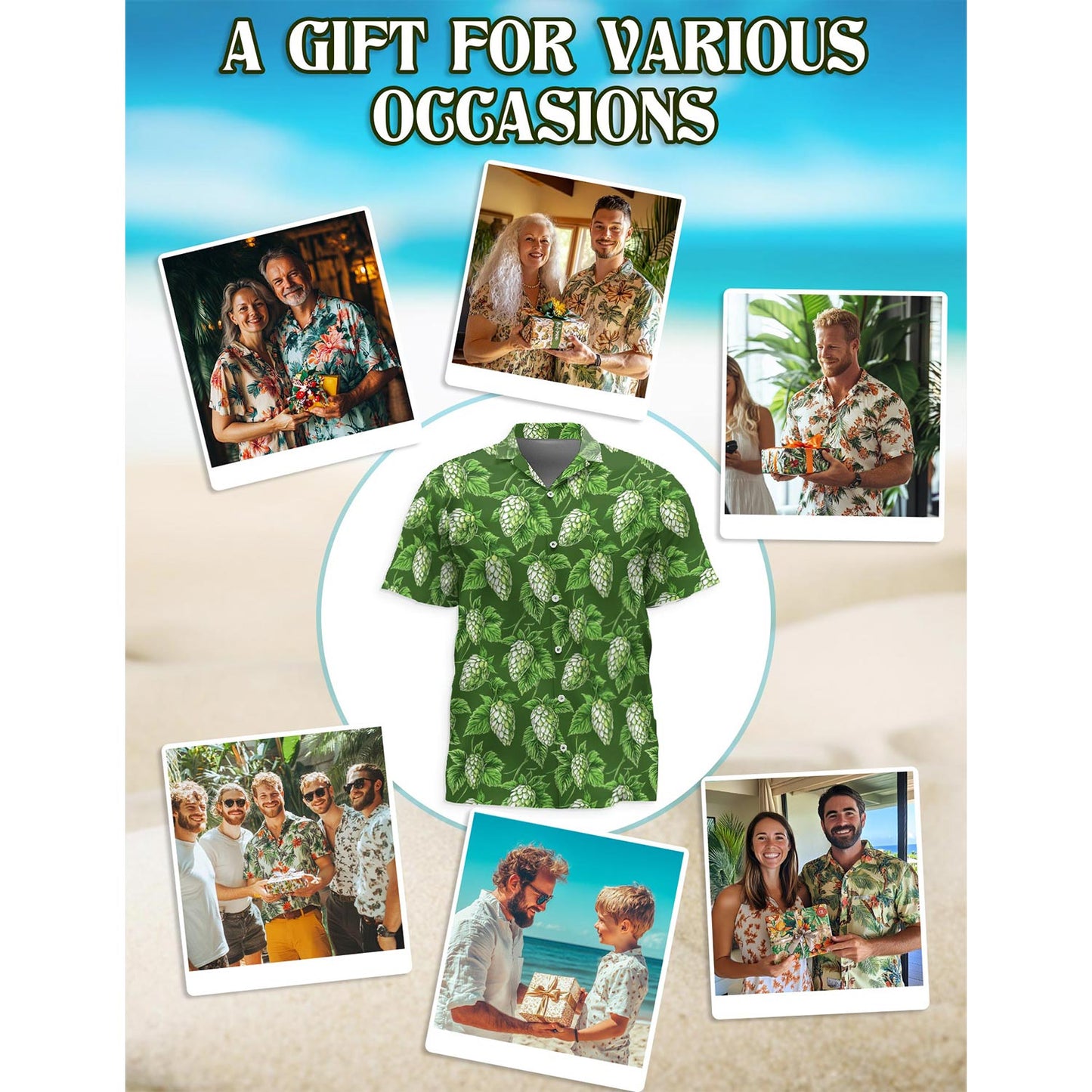 Netecom Green Hops Hawaiian Shirt for Men, Button Down Summer Beach Short Sleeve, Tropical Style, Sizes S-5XL