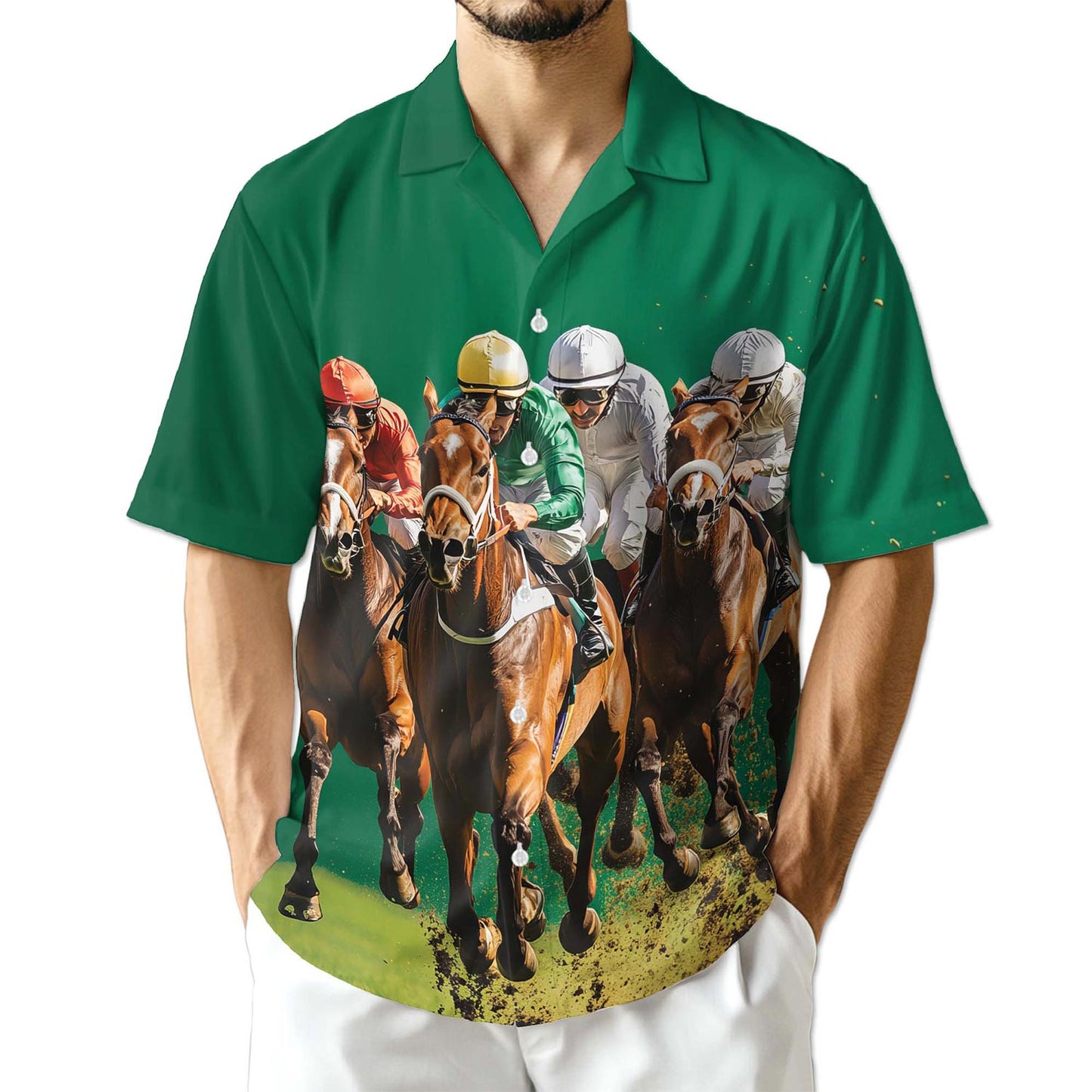 Netecom Green Horse Racing Hawaiian Shirt for Men
