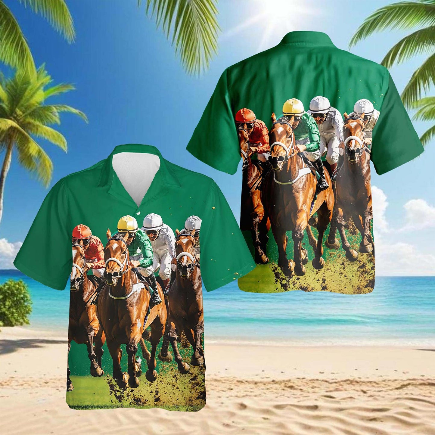 Netecom Green Horse Racing Hawaiian Shirt for Men, Button Down Summer Beach Short Sleeve, S-5XL