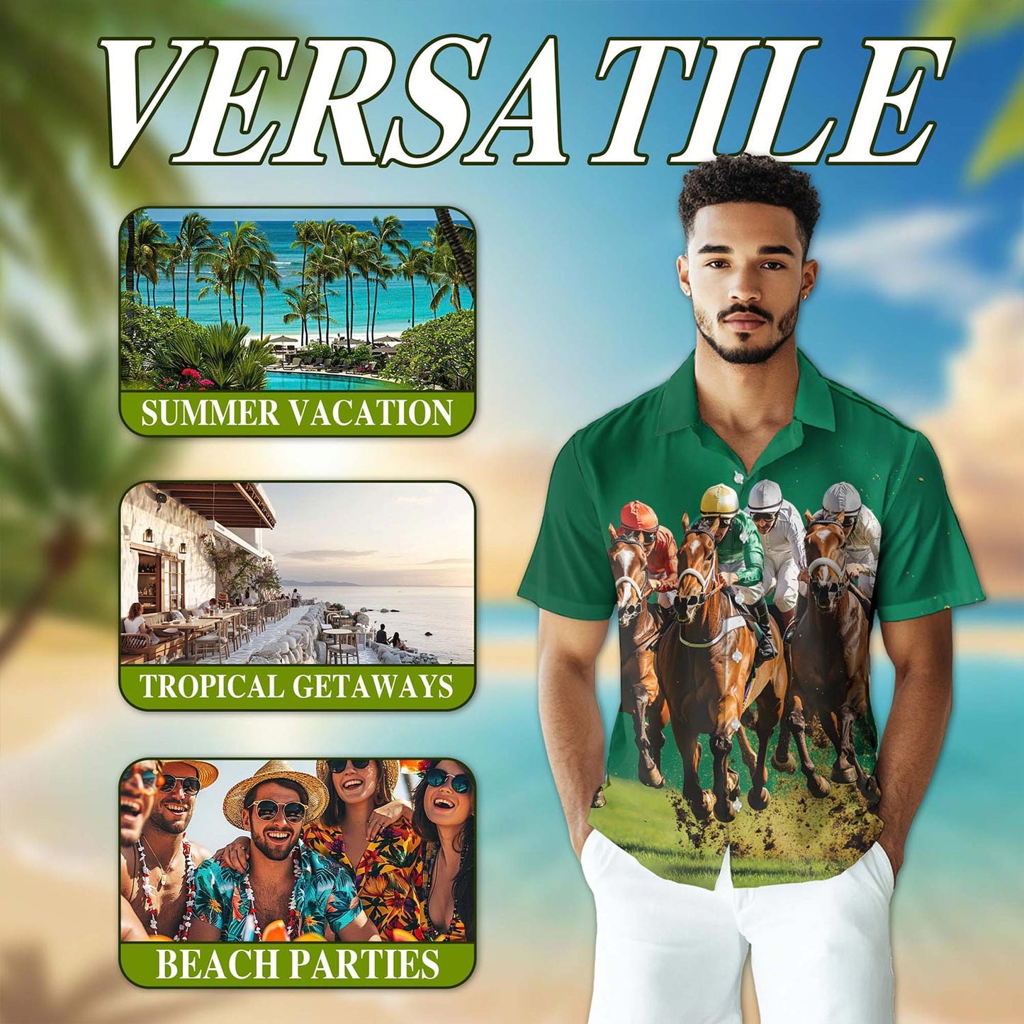 Netecom Green Horse Racing Hawaiian Shirt for Men, Button Down Summer Beach Short Sleeve, S-5XL