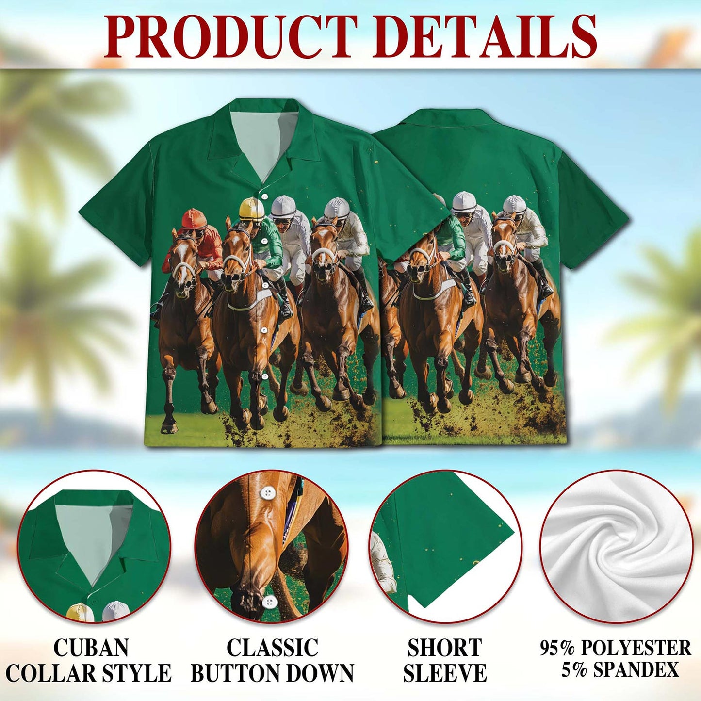 Netecom Green Horse Racing Hawaiian Shirt for Men, Button Down Summer Beach Short Sleeve, S-5XL