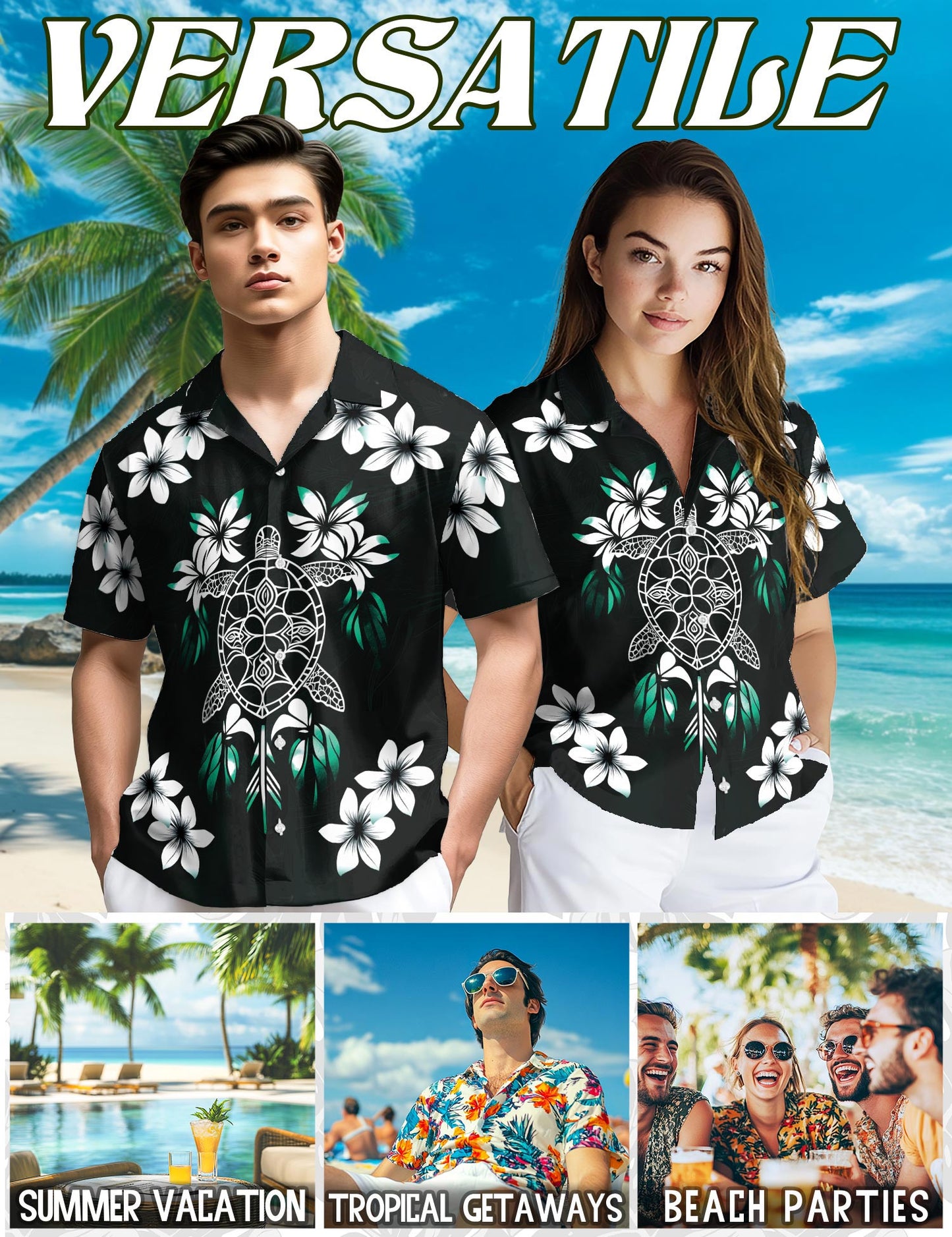 Netecom Green Turtle Hawaiian Shirt for Men, Button Down Summer Beach Short Sleeve, Vintage Style, Sizes S-5XL