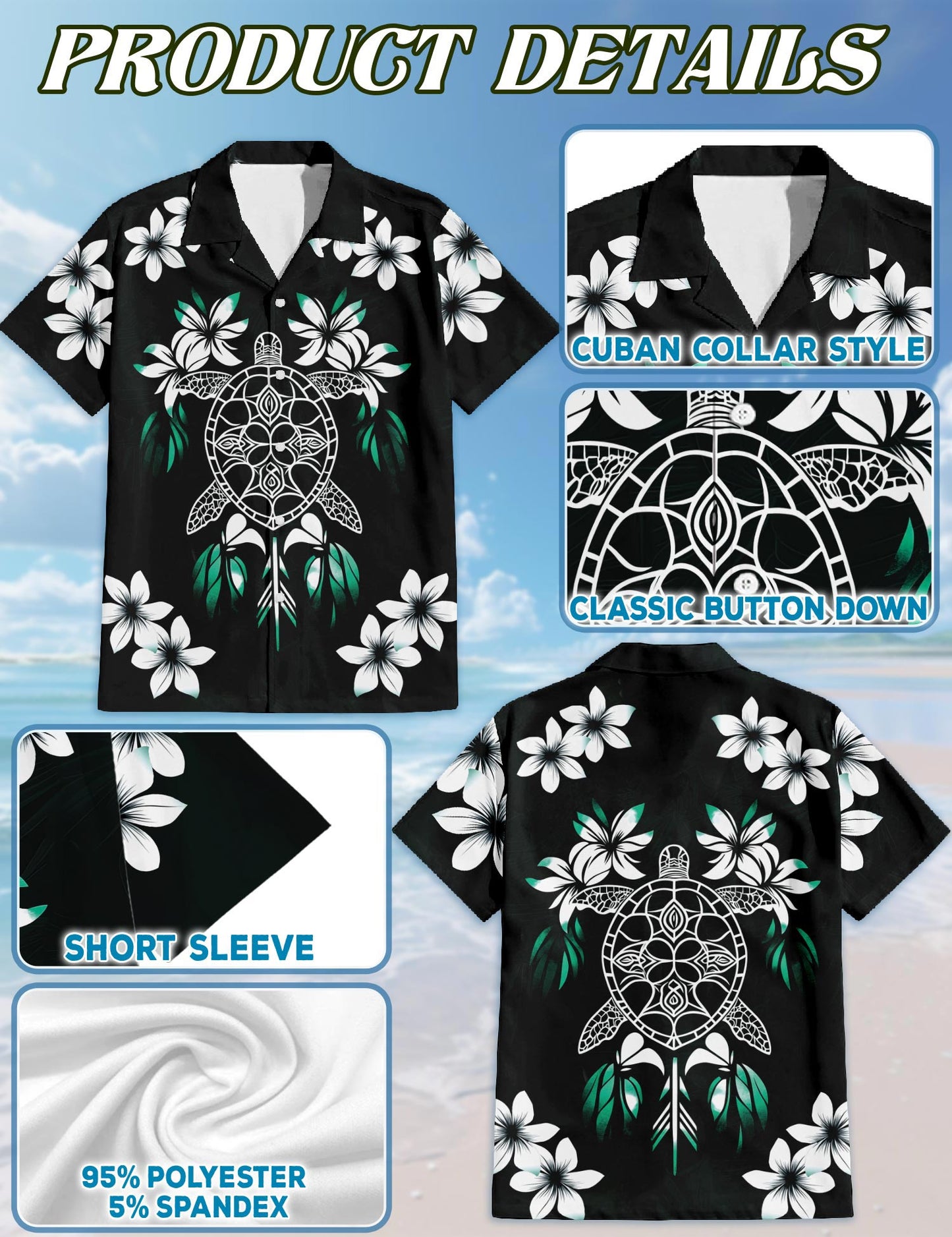 Netecom Green Turtle Hawaiian Shirt for Men, Button Down Summer Beach Short Sleeve, Vintage Style, Sizes S-5XL