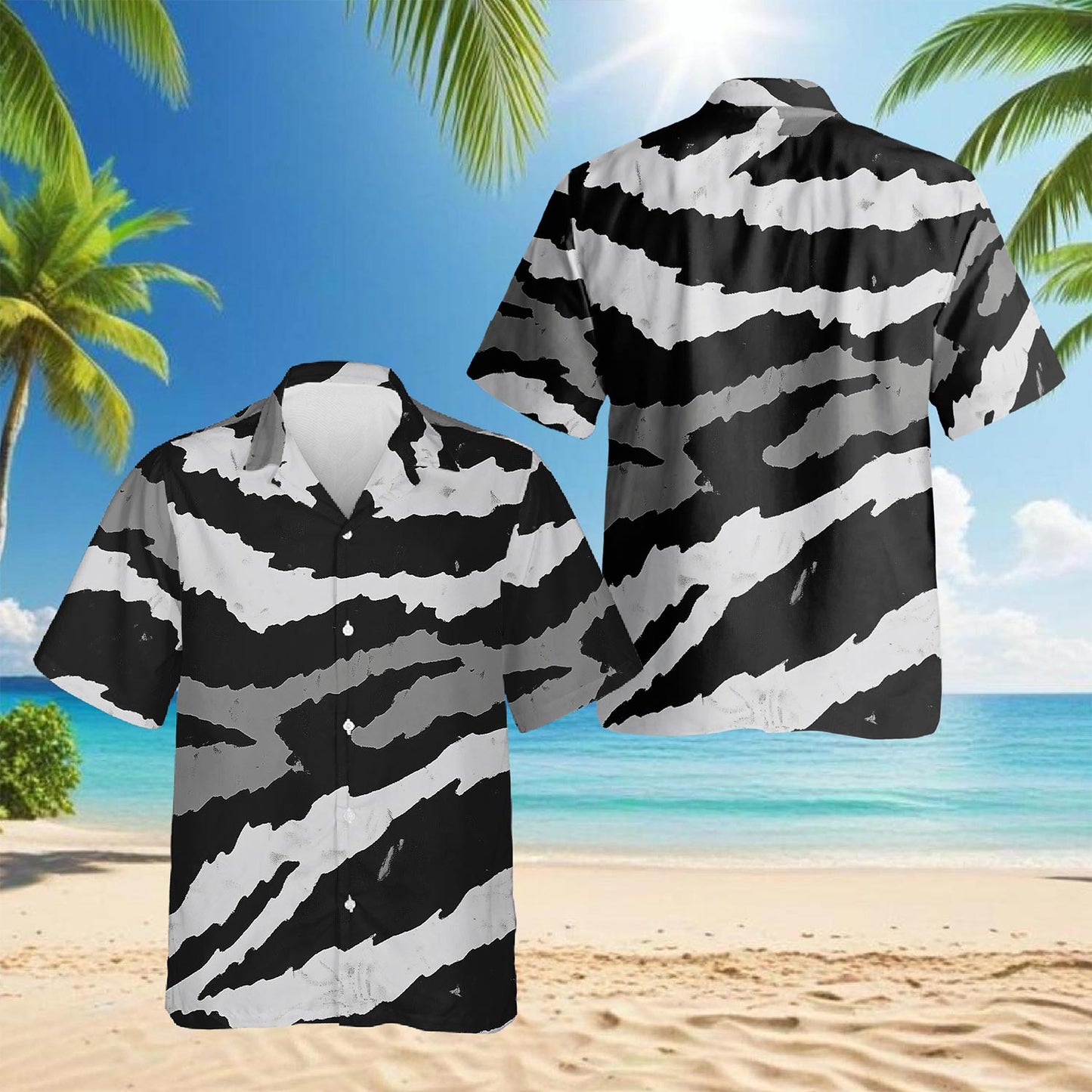 Netecom Grey Tiger Stripe Camouflage Hawaiian Shirt for Men, Vintage Style, Button Down Summer Beach Short Sleeve, S-5XL