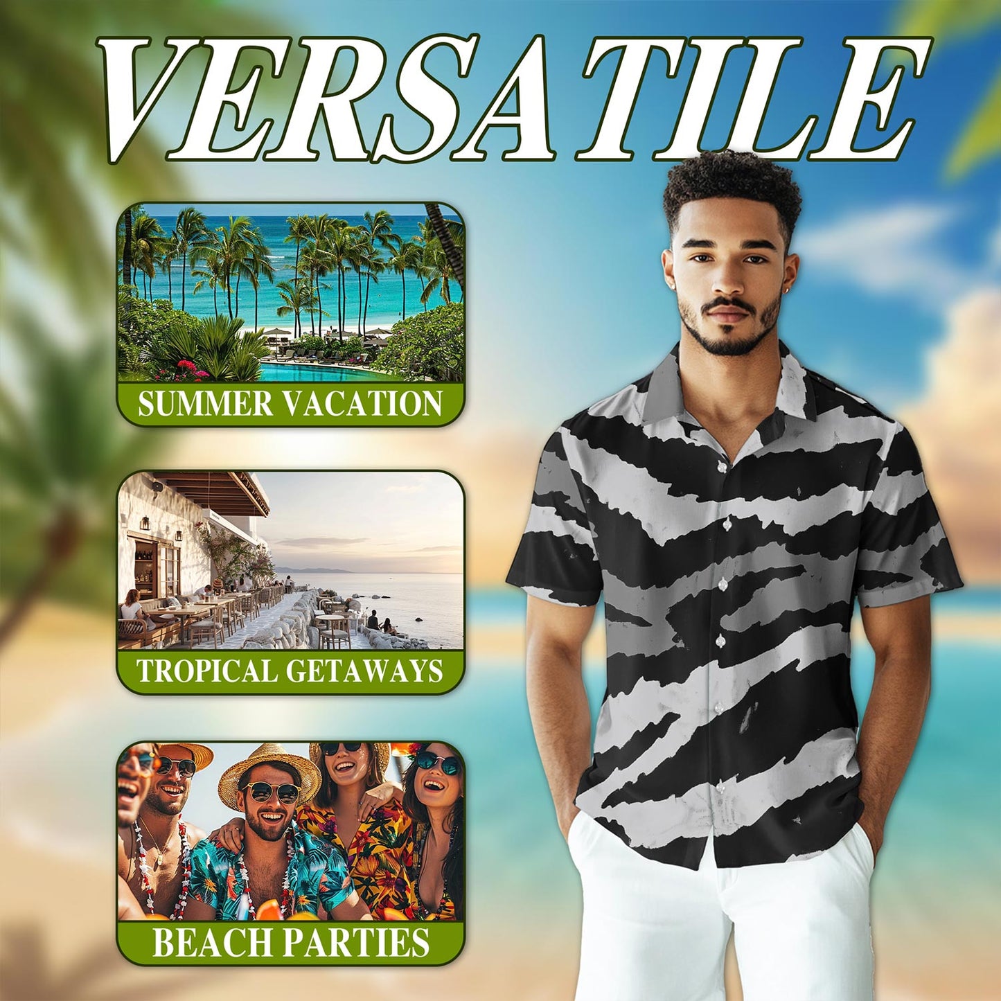 Netecom Grey Tiger Stripe Camouflage Hawaiian Shirt for Men, Vintage Style, Button Down Summer Beach Short Sleeve, S-5XL