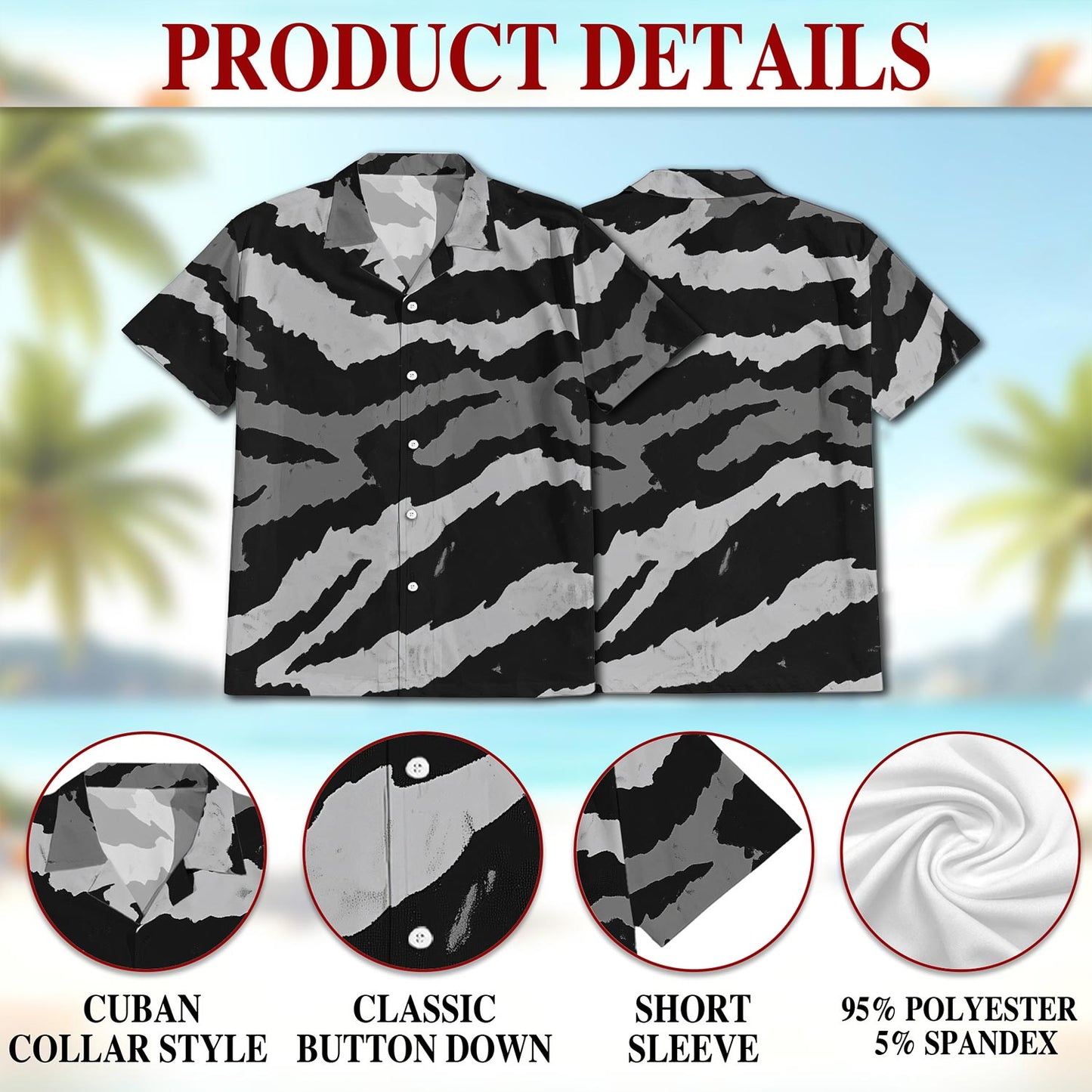 Netecom Grey Tiger Stripe Camouflage Hawaiian Shirt for Men, Vintage Style, Button Down Summer Beach Short Sleeve, S-5XL