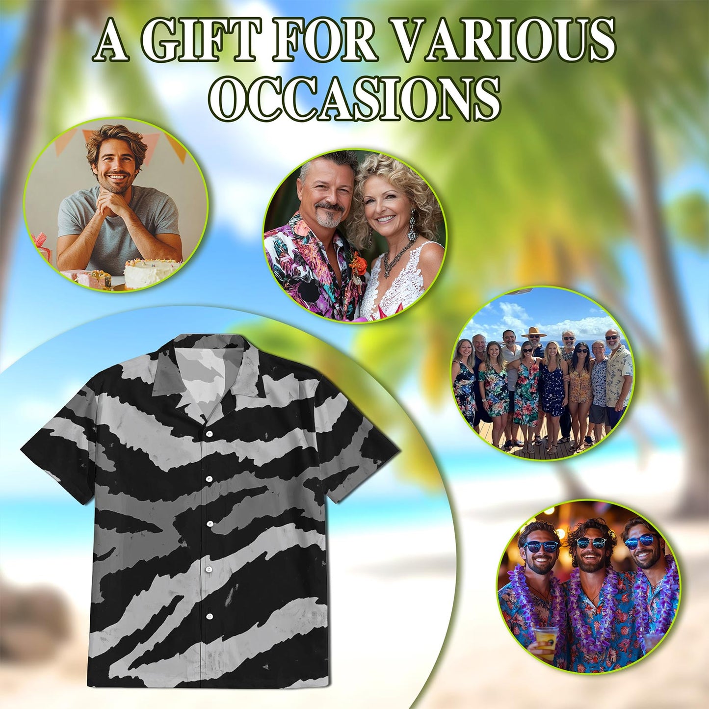 Netecom Grey Tiger Stripe Camouflage Hawaiian Shirt for Men, Vintage Style, Button Down Summer Beach Short Sleeve, S-5XL