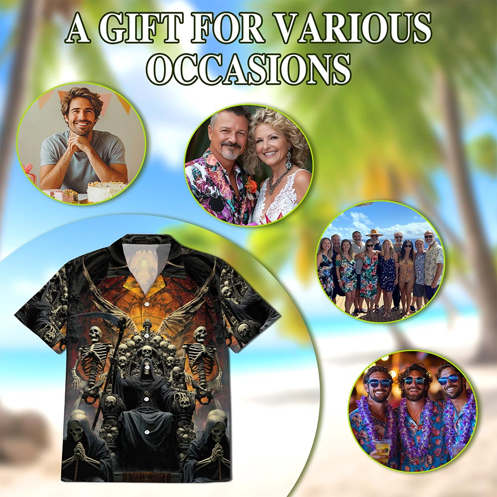 Netecom Grim Reaper Dark Skull Hawaiian Shirt for Men Women, Retro Button Down Summer Aloha Beach Short Sleeve Shirts, S-5XL
