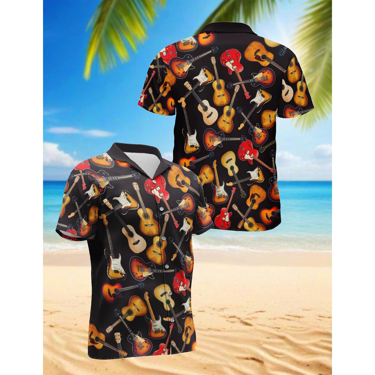 Netecom Guitar Hawaiian Shirt for Men, Button Down Summer Beach Short Sleeve, Retro Style, Sizes S-5XL