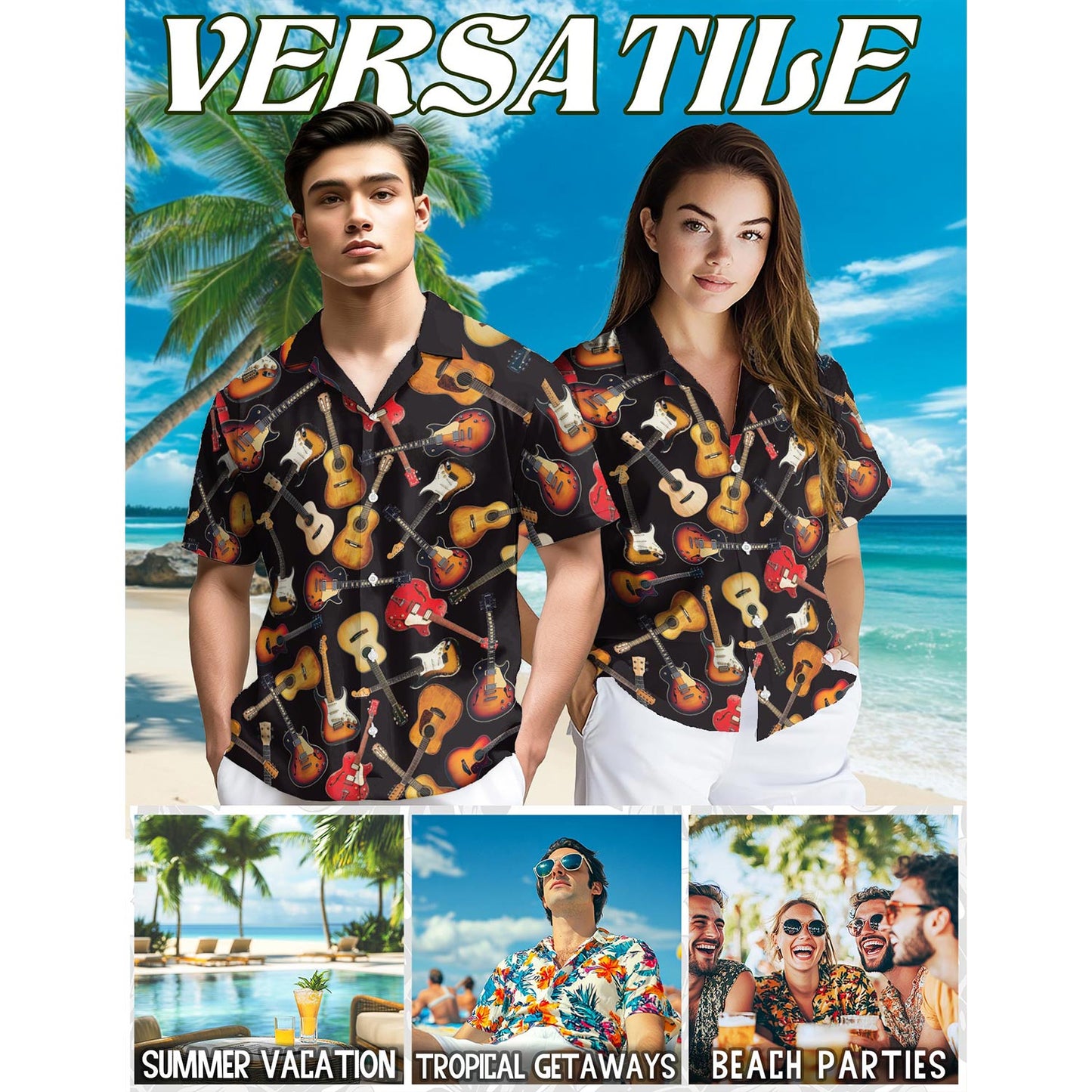 Netecom Guitar Hawaiian Shirt for Men, Button Down Summer Beach Short Sleeve, Retro Style, Sizes S-5XL