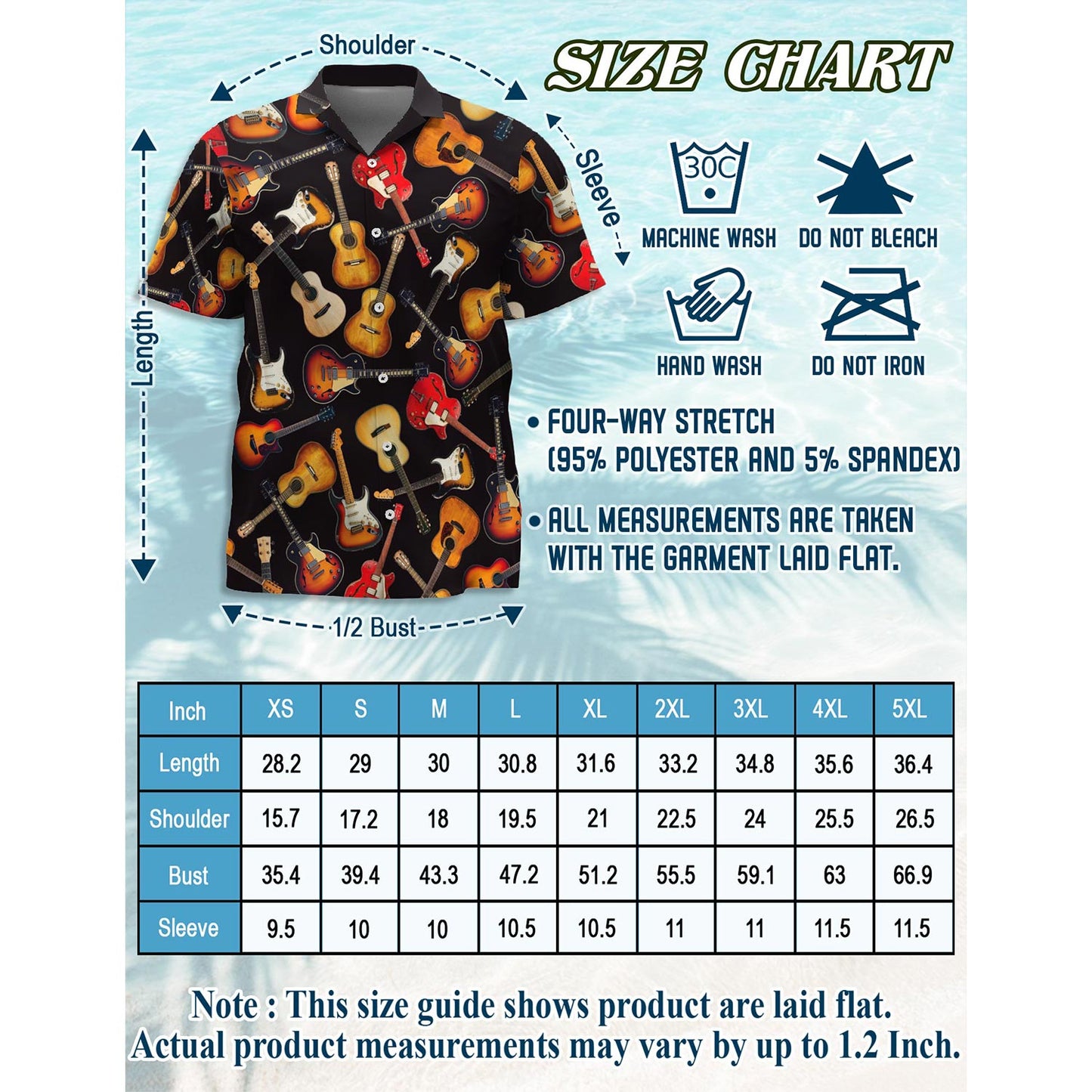 Netecom Guitar Hawaiian Shirt for Men, Button Down Summer Beach Short Sleeve, Retro Style, Sizes S-5XL