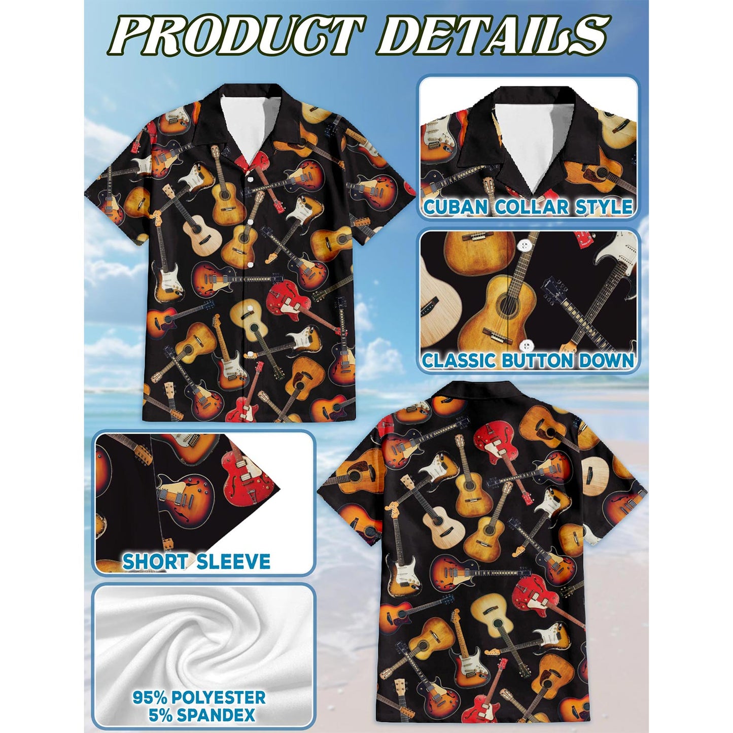Netecom Guitar Hawaiian Shirt for Men, Button Down Summer Beach Short Sleeve, Retro Style, Sizes S-5XL