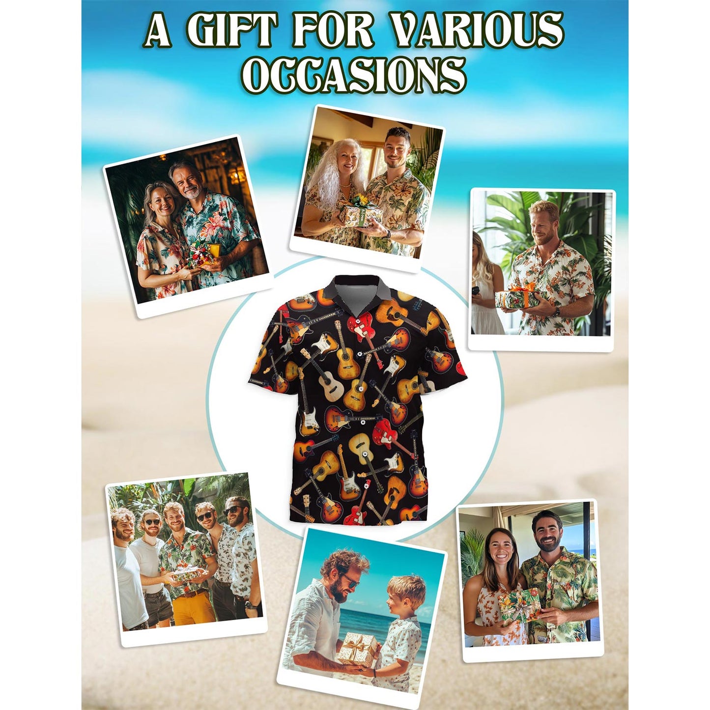 Netecom Guitar Hawaiian Shirt for Men, Button Down Summer Beach Short Sleeve, Retro Style, Sizes S-5XL