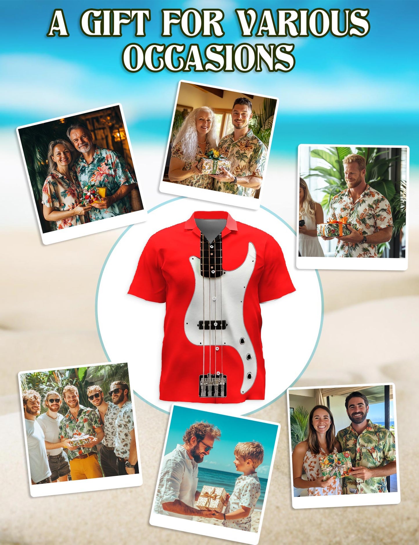 Netecom Red Bass Guitar Hawaiian Shirt for Men, Button Down Summer Beach Short Sleeve, S-5XL