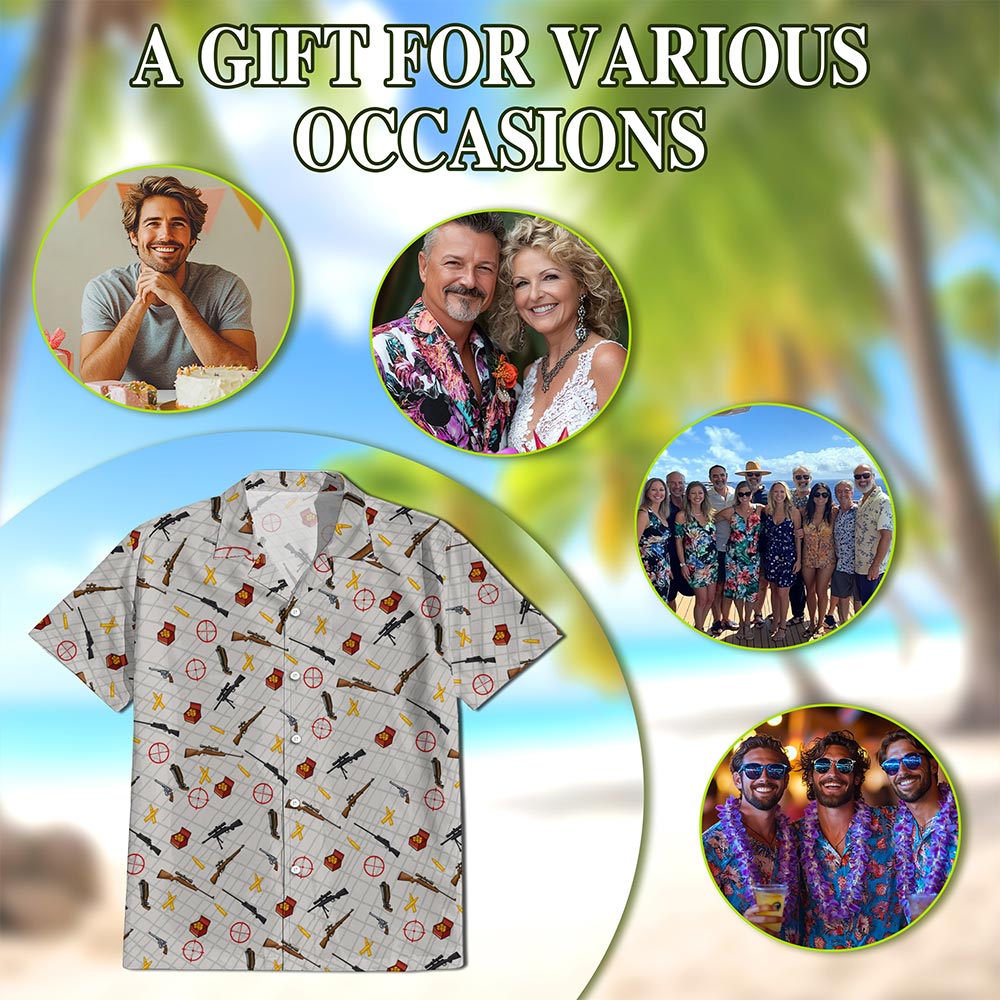 Netecom Guns And Ammo Minimalist Hawaiian Shirt for Men, Vintage Style, Button Down Summer Beach Short Sleeve, S-5XL