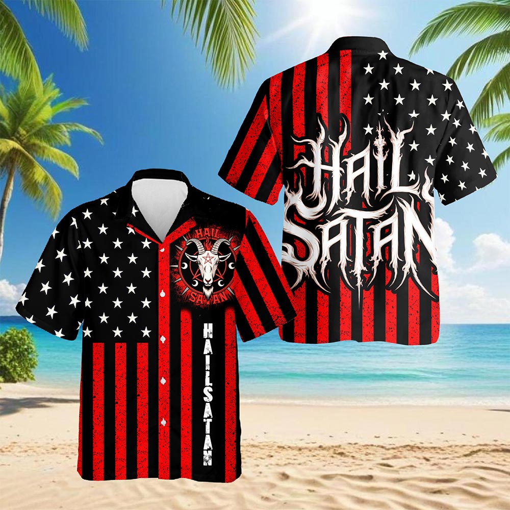 Vintage Occult-Themed American Flag Summer Shirt – Men’s Button Down Short Sleeve Aloha Top