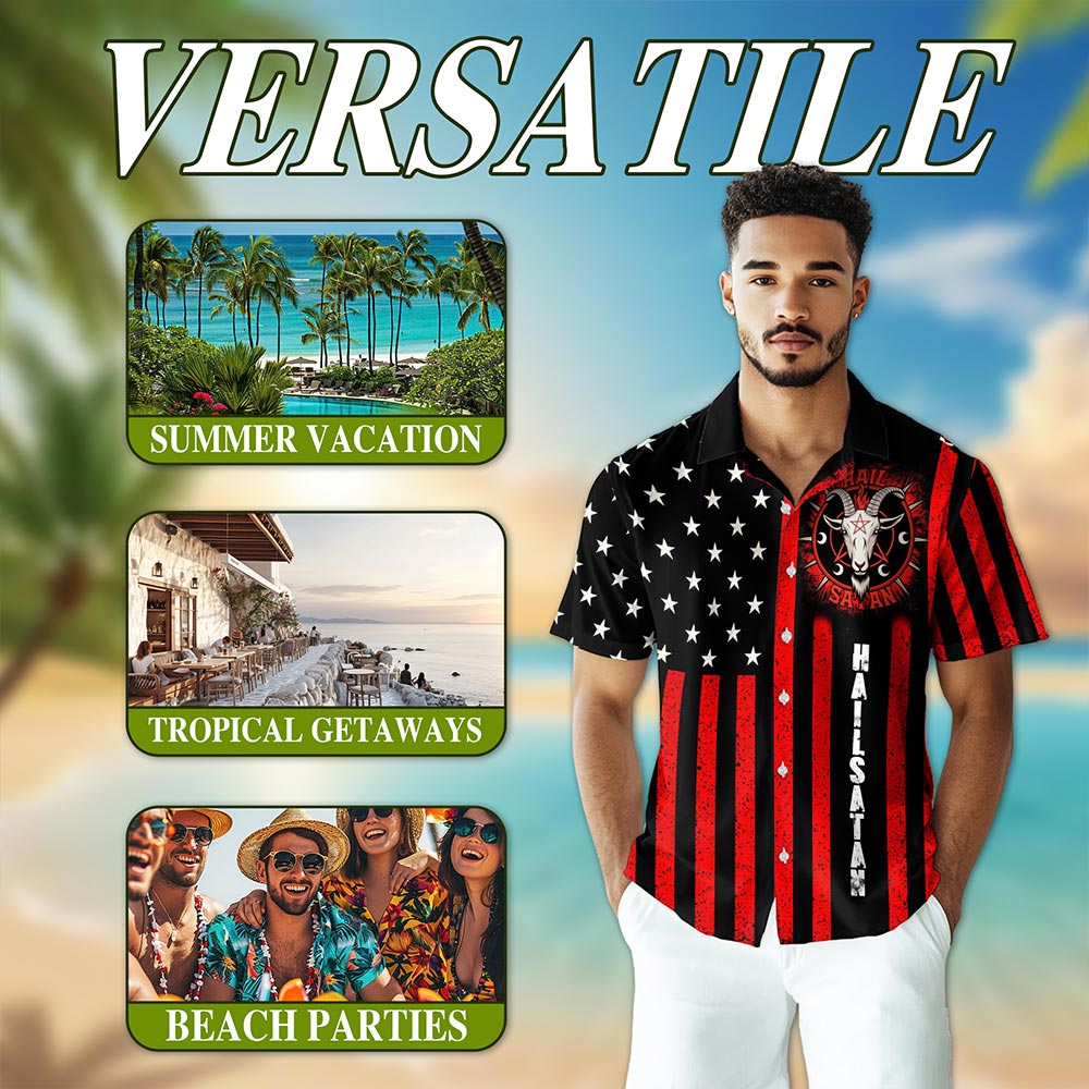 Vintage Occult-Themed American Flag Summer Shirt – Men’s Button Down Short Sleeve Aloha Top