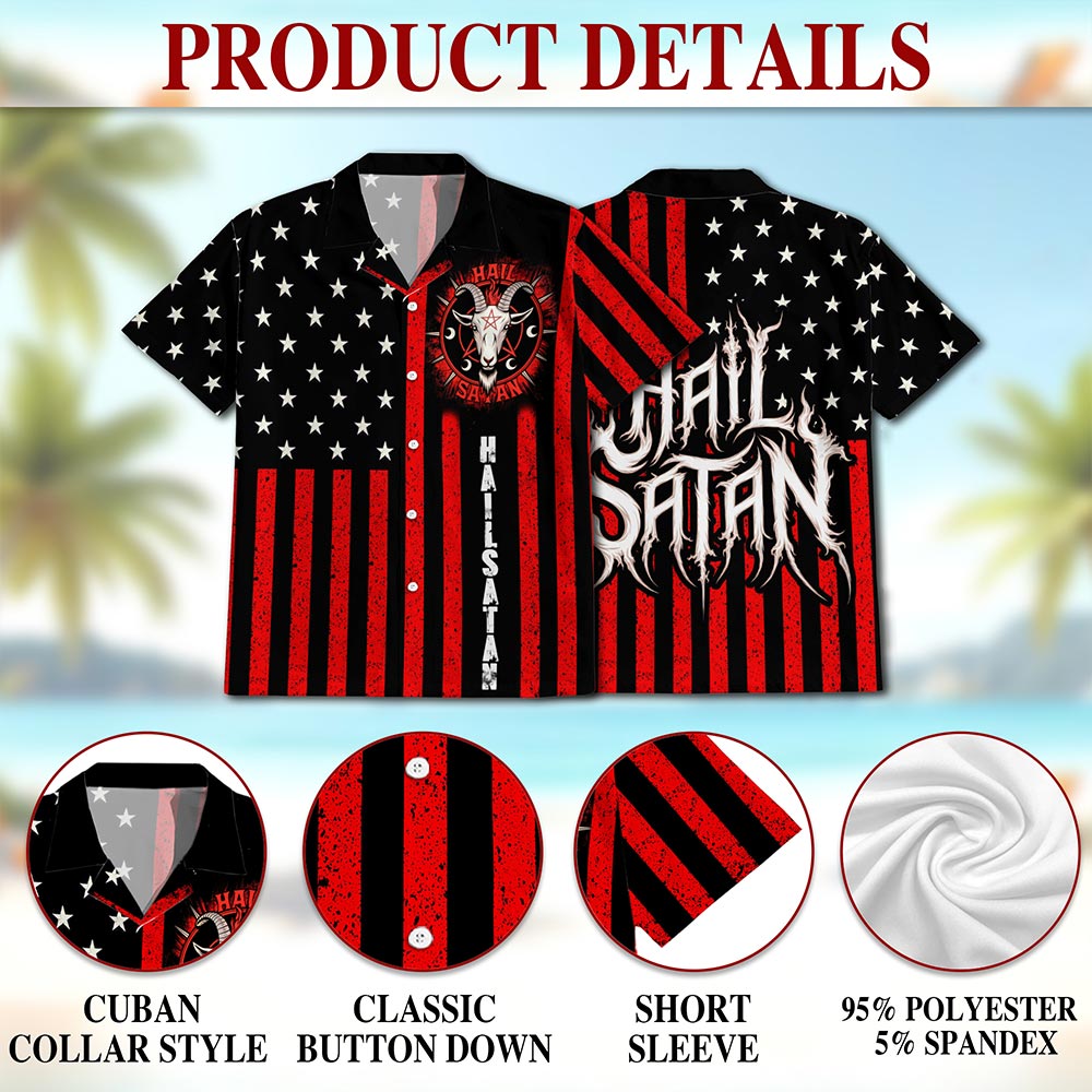 Vintage Occult-Themed American Flag Summer Shirt – Men’s Button Down Short Sleeve Aloha Top