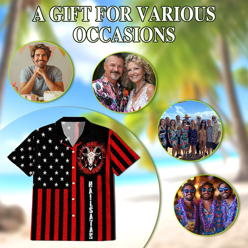 Vintage Occult-Themed American Flag Summer Shirt – Men’s Button Down Short Sleeve Aloha Top
