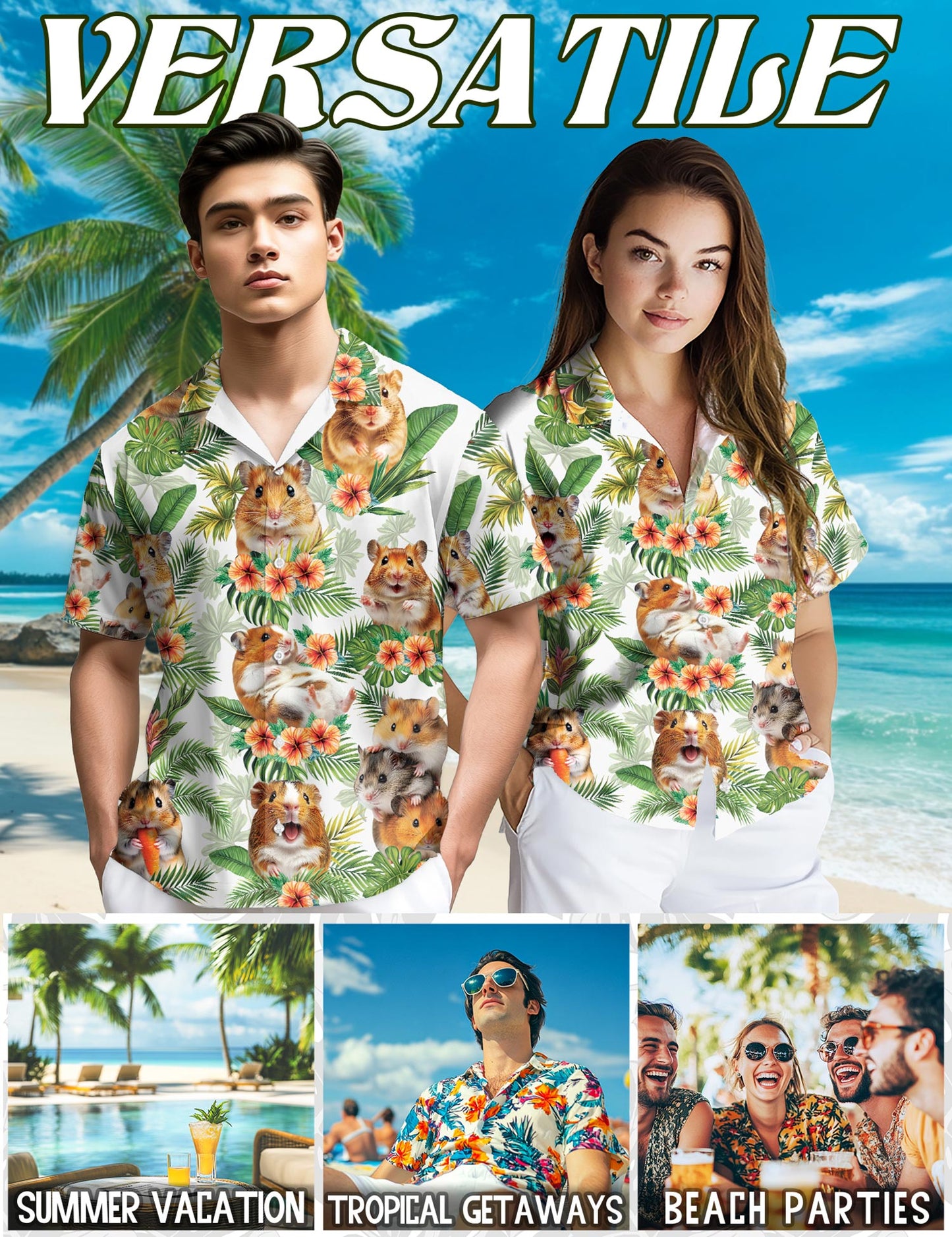 Netecom Hamsters Tropical Hawaiian Shirt for Men, Tropical Style, Button Down Summer Beach Short Sleeve, S-5XL
