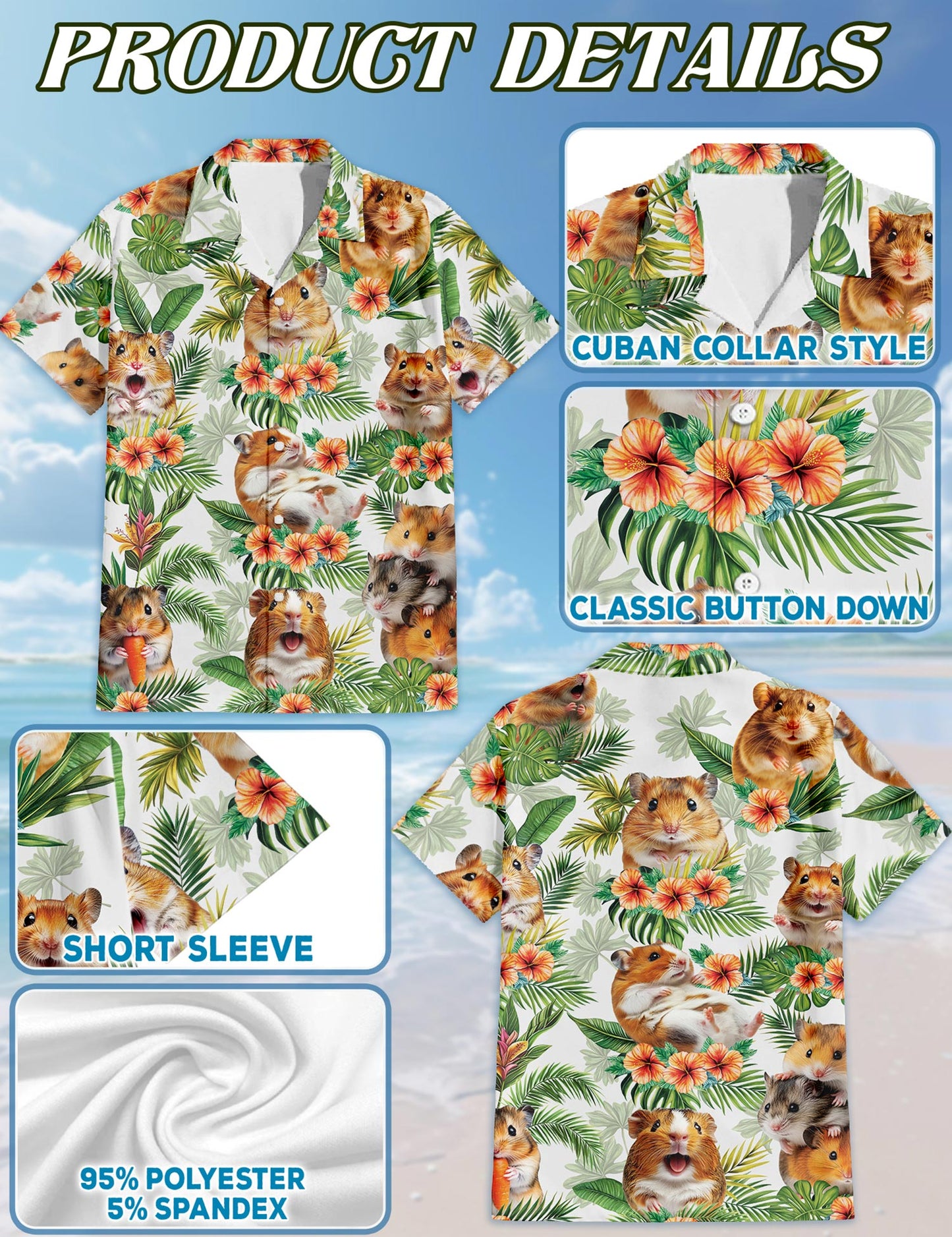 Netecom Hamsters Tropical Hawaiian Shirt for Men, Tropical Style, Button Down Summer Beach Short Sleeve, S-5XL