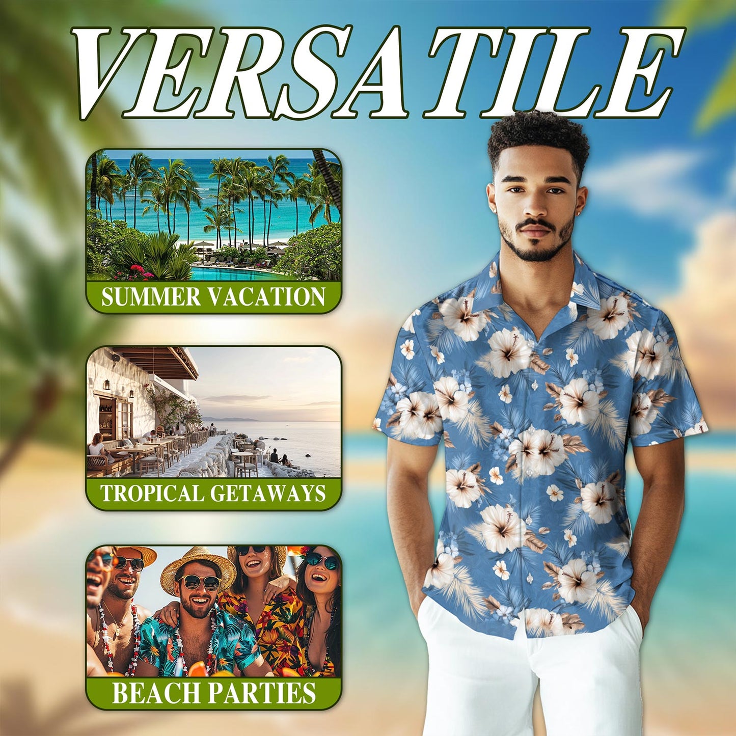 Netecom Hibiscus Flowers Hawaiian Shirt for Men, Button Down Summer Beach Short Sleeve, Tropical Style, Sizes S-5XL