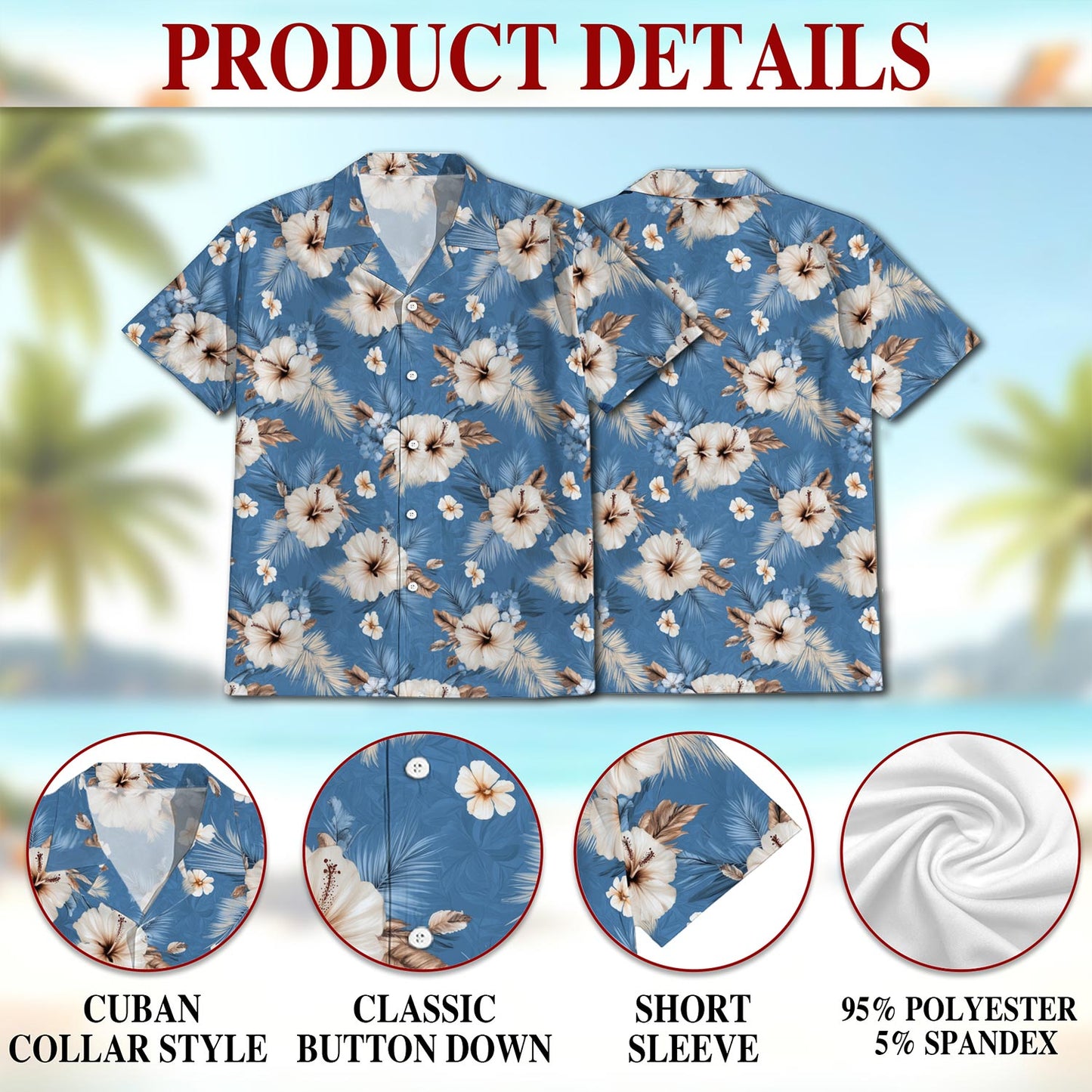 Netecom Hibiscus Flowers Hawaiian Shirt for Men, Button Down Summer Beach Short Sleeve, Tropical Style, Sizes S-5XL