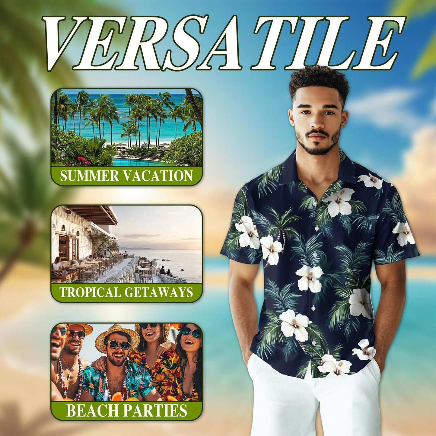 Netecom Hibiscus Island Hawaiian Shirt for Men, Tropical Style, Button Down Summer Beach Short Sleeve, S-5XL