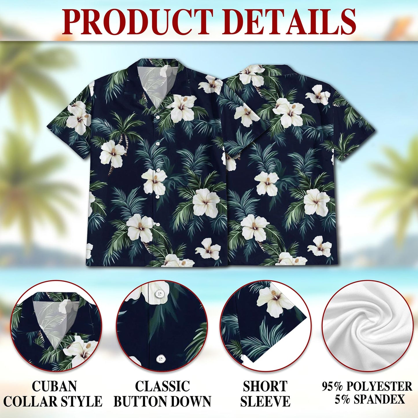Netecom Hibiscus Island Hawaiian Shirt for Men, Tropical Style, Button Down Summer Beach Short Sleeve, S-5XL