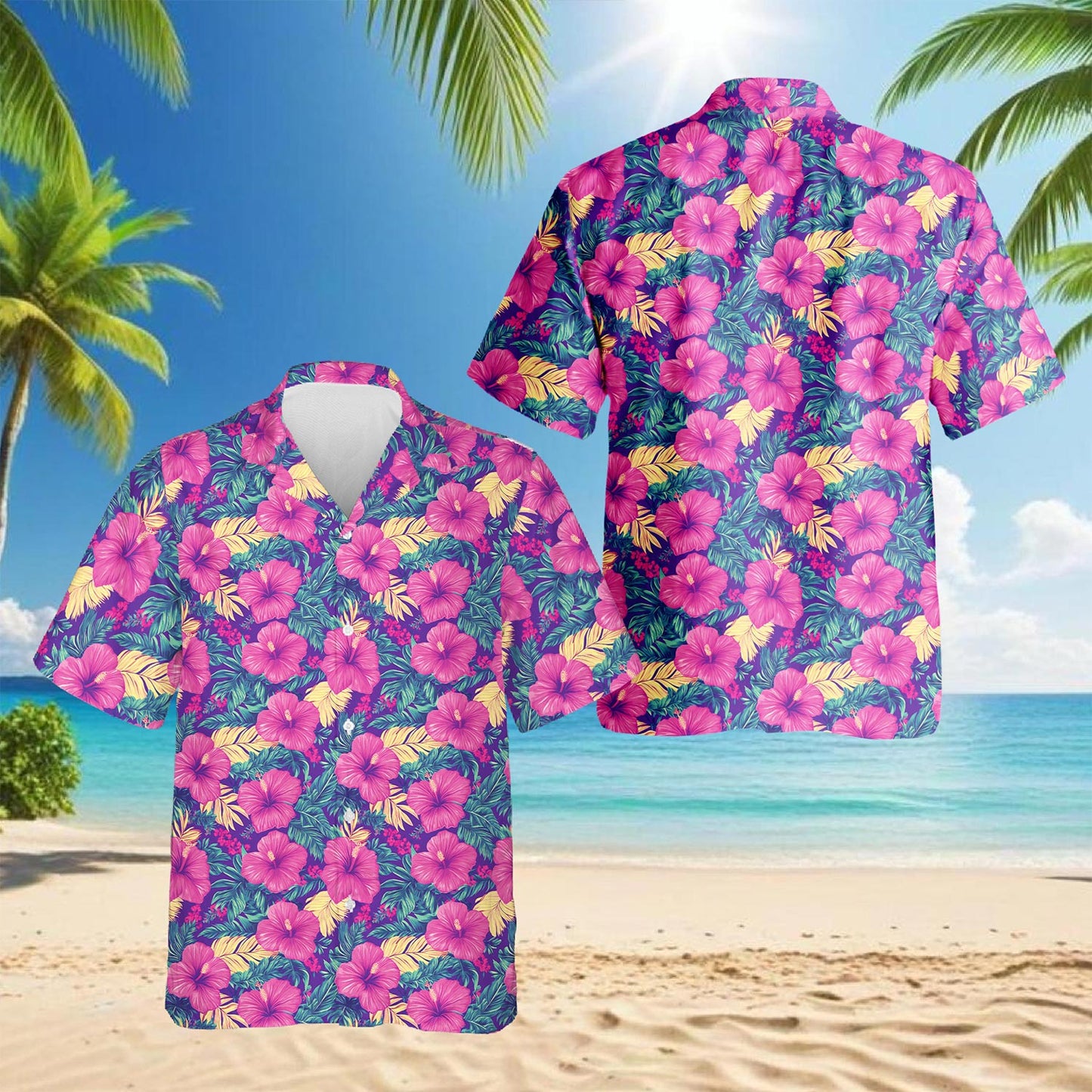 Netecom Hibiscus Purple Hawaiian Shirt for Men, Button Down Summer Beach Short Sleeve, Tropical Style, Sizes S-5XL