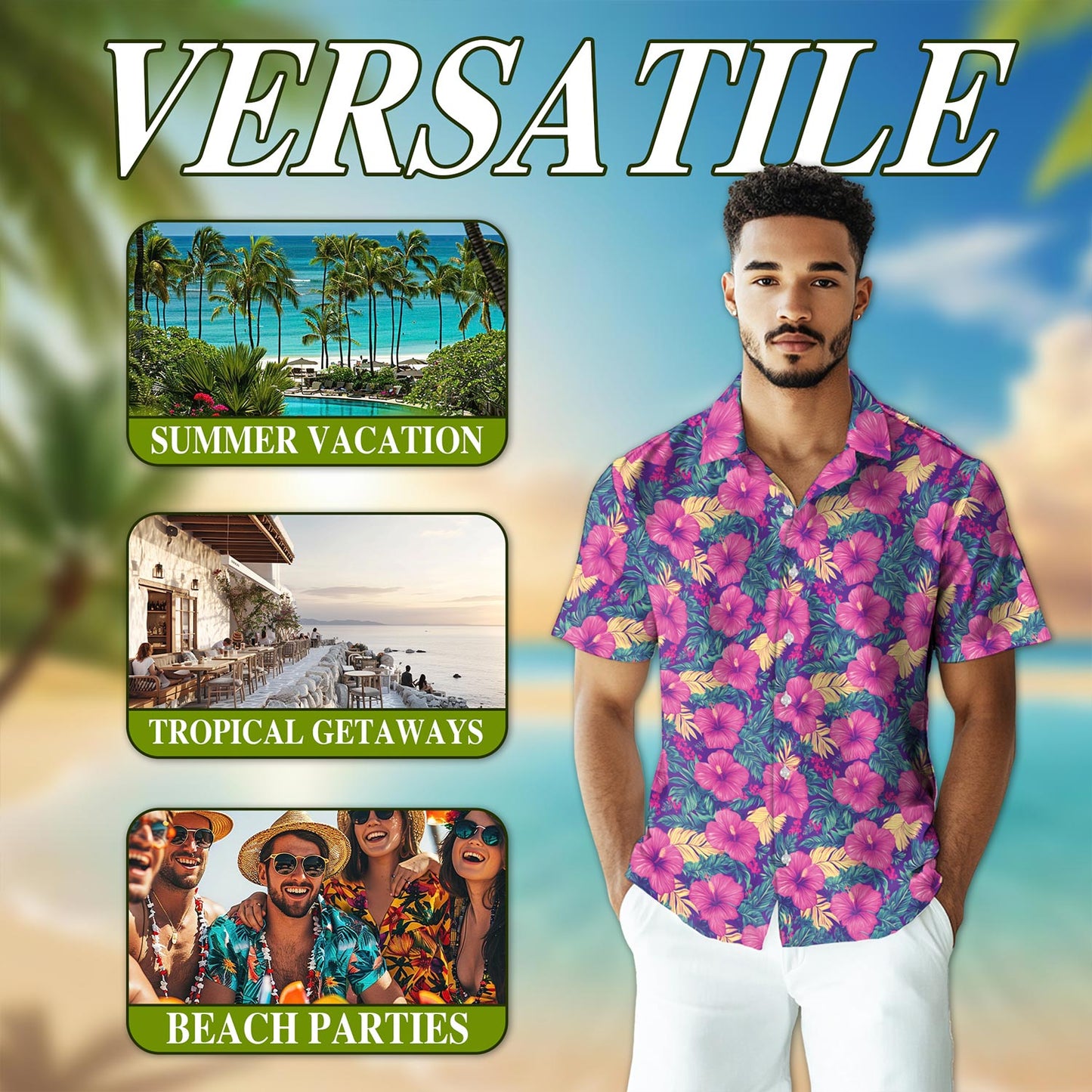 Netecom Hibiscus Purple Hawaiian Shirt for Men, Button Down Summer Beach Short Sleeve, Tropical Style, Sizes S-5XL