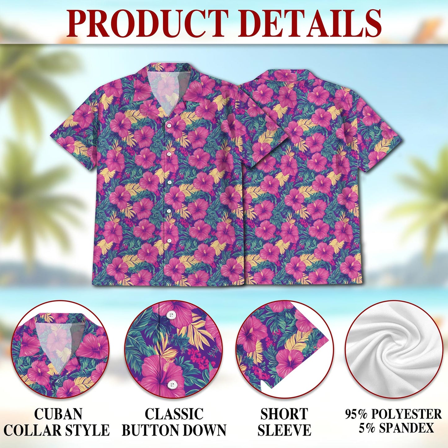 Netecom Hibiscus Purple Hawaiian Shirt for Men, Button Down Summer Beach Short Sleeve, Tropical Style, Sizes S-5XL
