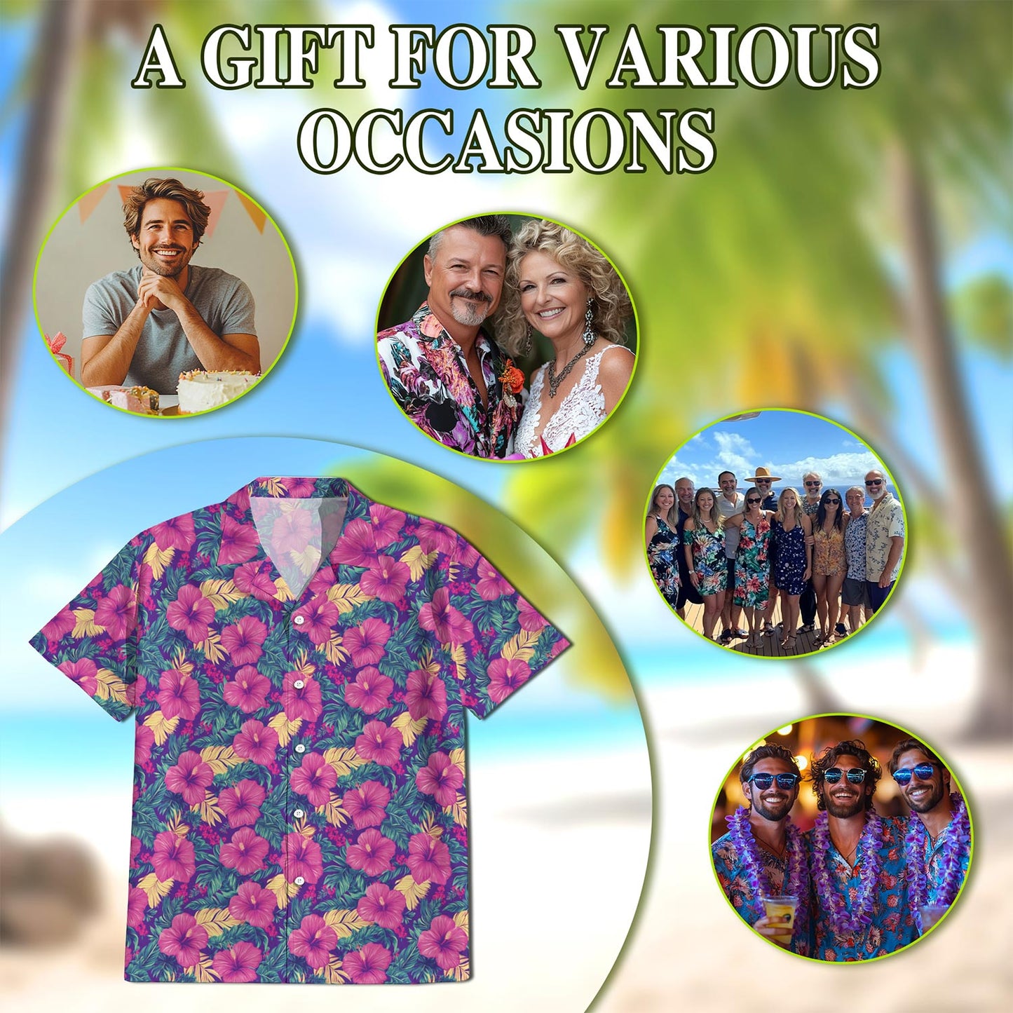 Netecom Hibiscus Purple Hawaiian Shirt for Men, Button Down Summer Beach Short Sleeve, Tropical Style, Sizes S-5XL