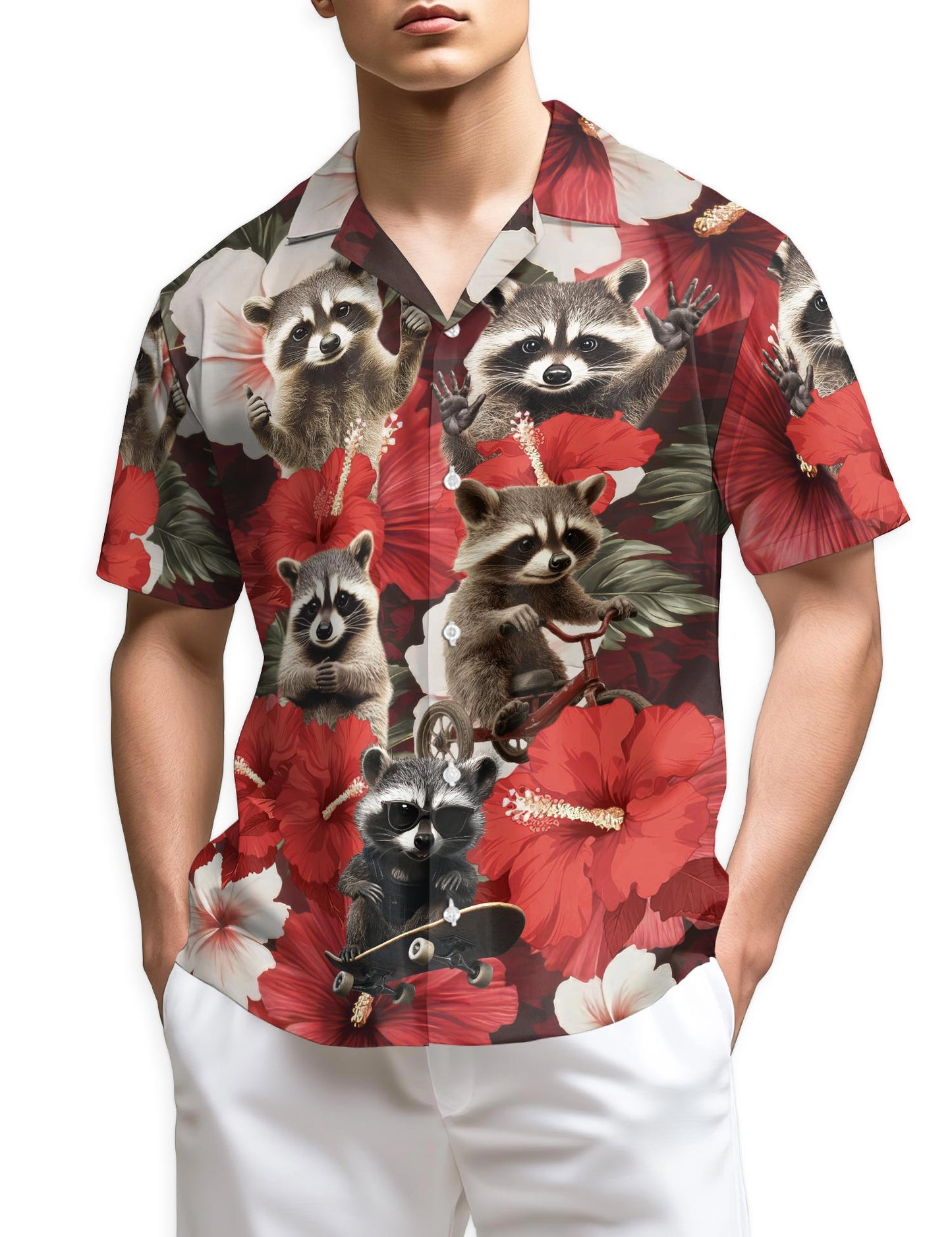Netecom Hibiscus Raccoon Hawaiian Shirt for Men