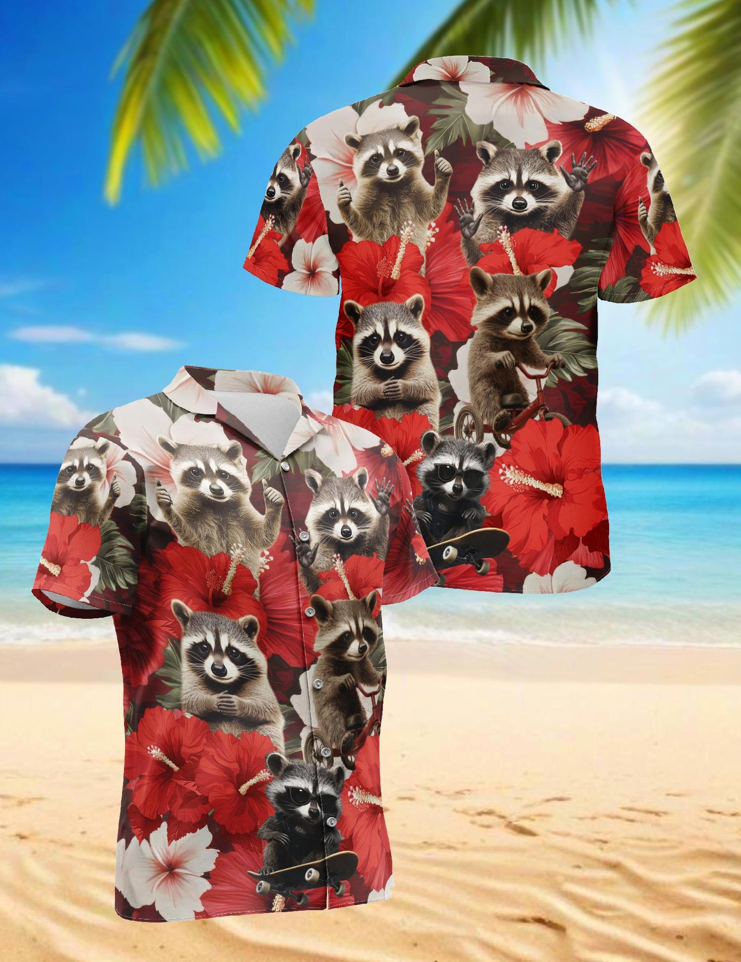Netecom Hibiscus Raccoon Hawaiian Shirt for Men, Button Down Summer Beach Short Sleeve, Tropical Style, Sizes S-5XL
