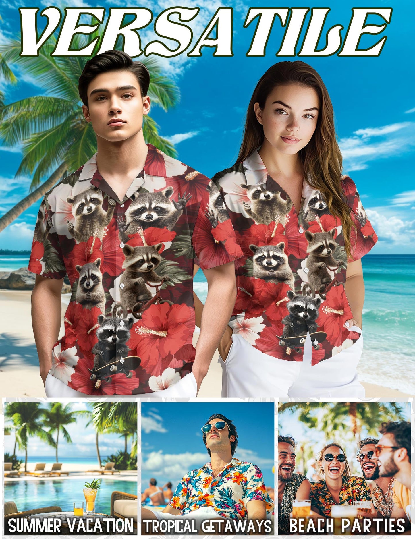 Netecom Hibiscus Raccoon Hawaiian Shirt for Men, Button Down Summer Beach Short Sleeve, Tropical Style, Sizes S-5XL