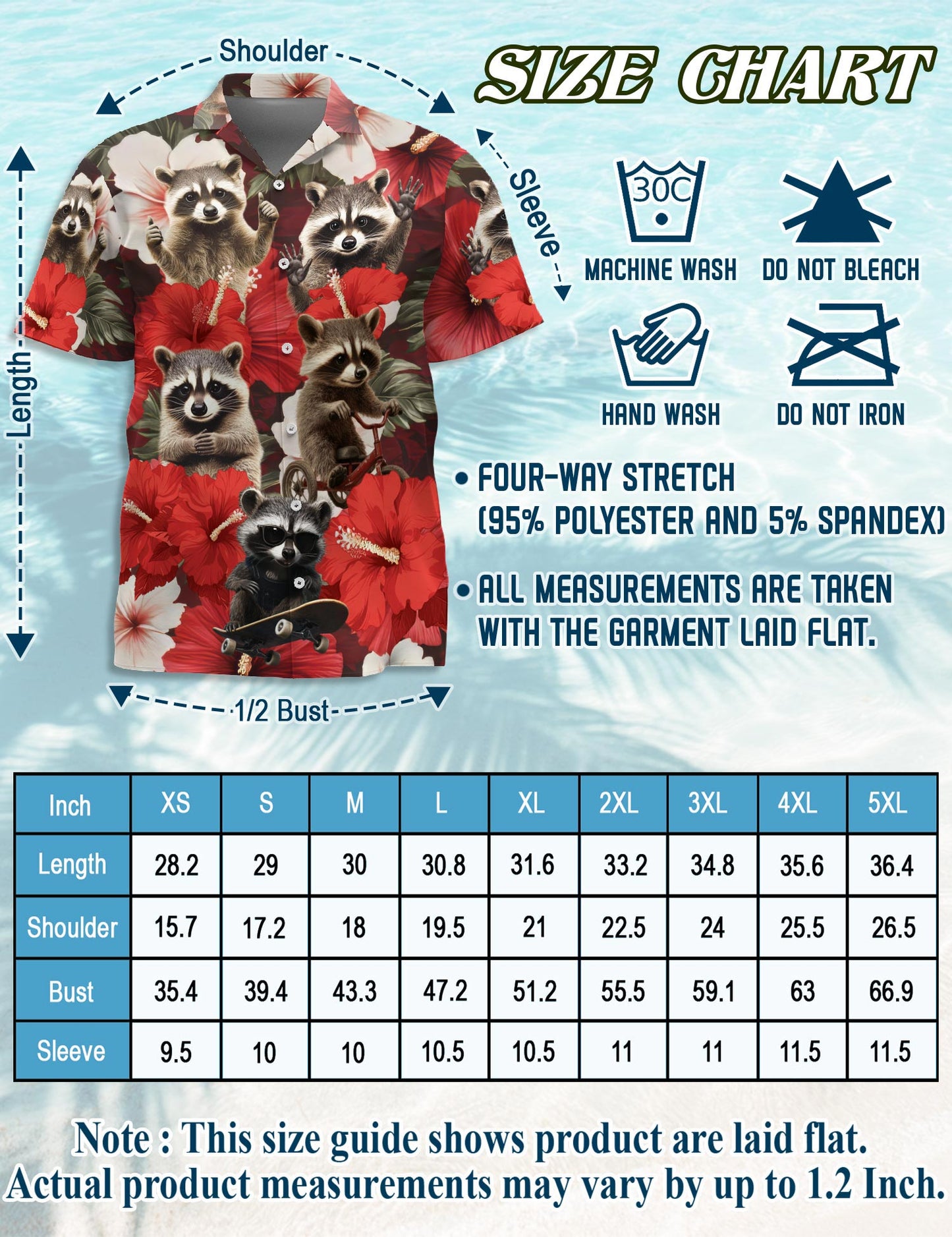 Netecom Hibiscus Raccoon Hawaiian Shirt for Men, Button Down Summer Beach Short Sleeve, Tropical Style, Sizes S-5XL