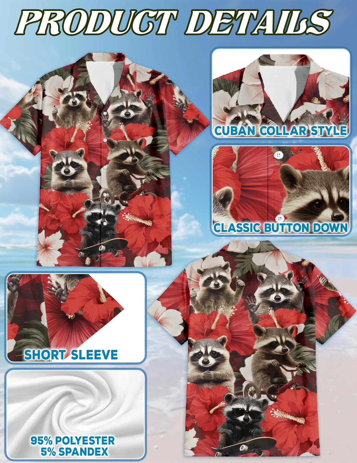 Netecom Hibiscus Raccoon Hawaiian Shirt for Men, Button Down Summer Beach Short Sleeve, Tropical Style, Sizes S-5XL