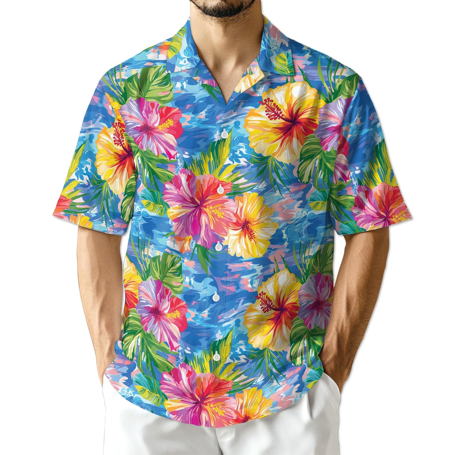 Netecom Hibiscus Seas Blue Hawaiian Shirt for Men