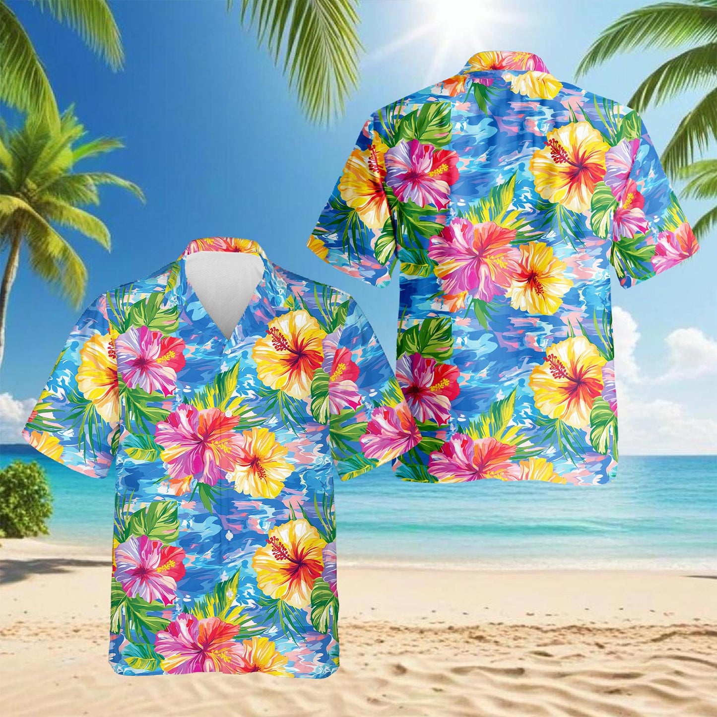 Netecom Hibiscus Seas Blue Hawaiian Shirt for Men, Button Down Summer Beach Short Sleeve, Tropical Style, Sizes S-5XL