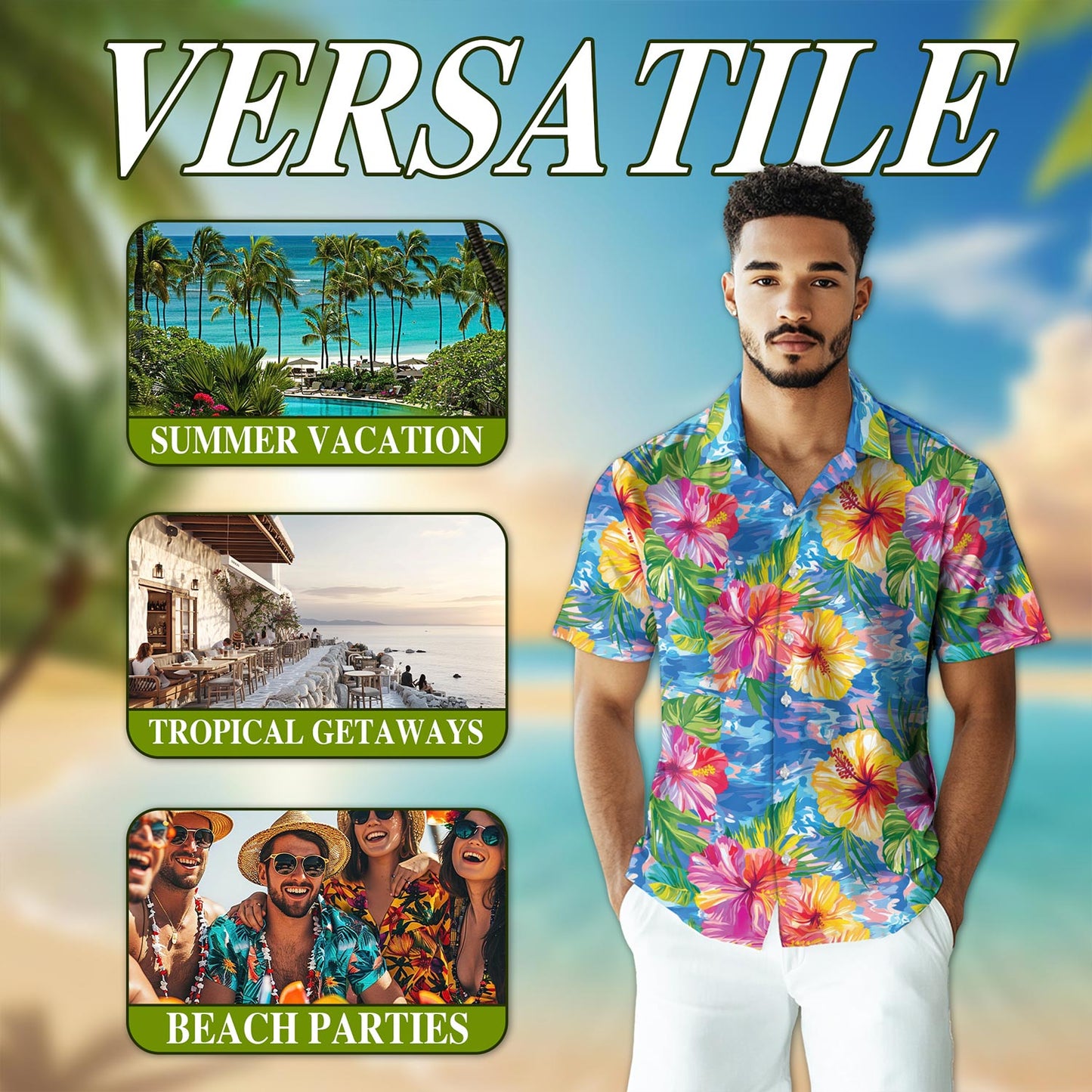 Netecom Hibiscus Seas Blue Hawaiian Shirt for Men, Button Down Summer Beach Short Sleeve, Tropical Style, Sizes S-5XL